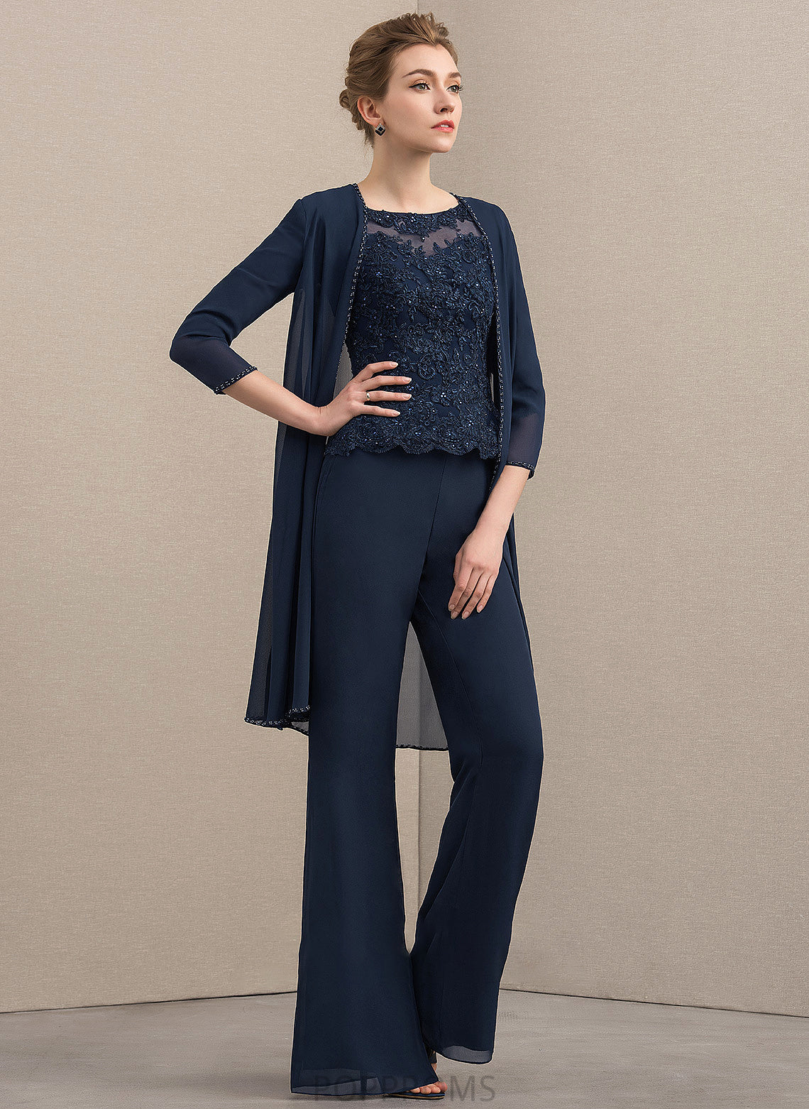 Dress Chiffon Mother Lace Neck Jumpsuit/Pantsuit Mother of the Bride Dresses Beading of Scoop Floor-Length Giana the With Bride