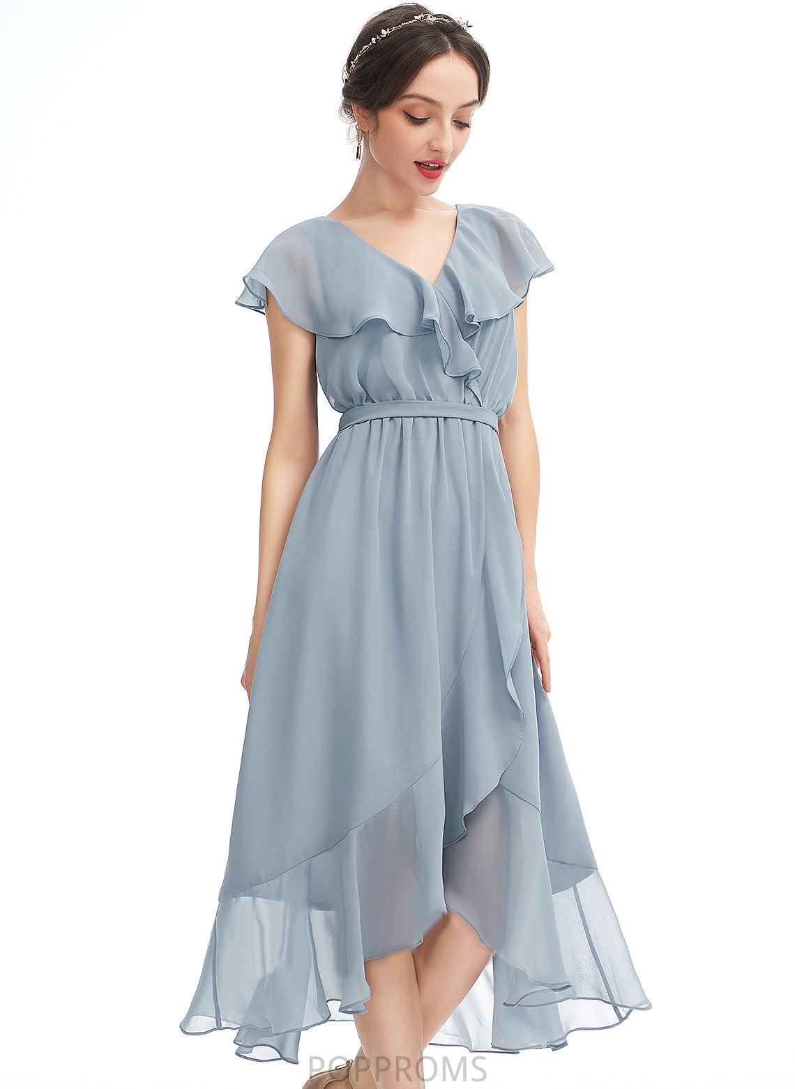 Ashanti Cocktail V-neck Cocktail Dresses A-Line With Dress Asymmetrical Ruffle Chiffon