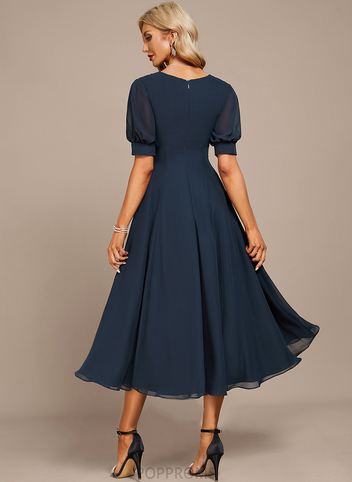 With A-Line Cocktail Cocktail Dresses V-neck Saige Chiffon Tea-Length Dress Ruffle