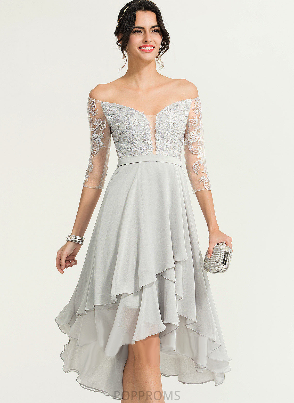 Asymmetrical A-Line Beading Off-the-Shoulder Cocktail Dresses Cocktail Lace Dress With Gwendolyn Chiffon