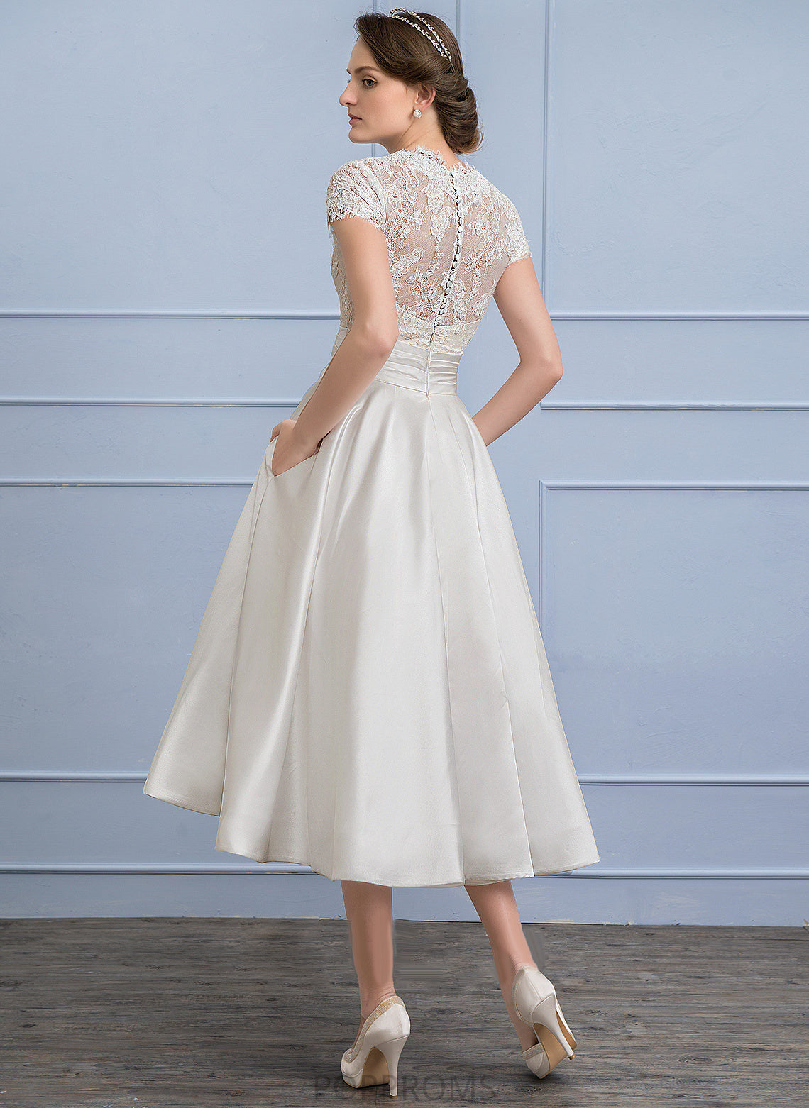 Tea-Length Maci Dress V-neck Ruffle Wedding With Wedding Dresses A-Line Lace Satin