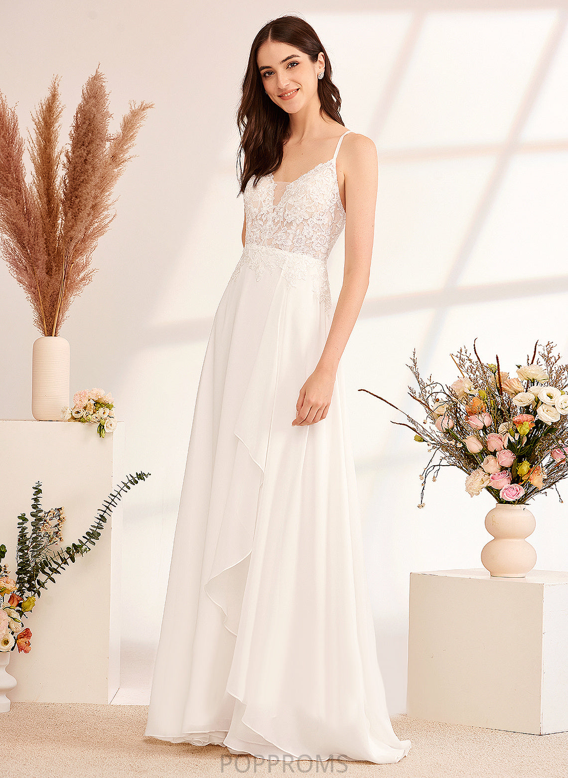 With Sequins Wedding Dress Lucinda Chiffon Lace A-Line Wedding Dresses Floor-Length V-neck