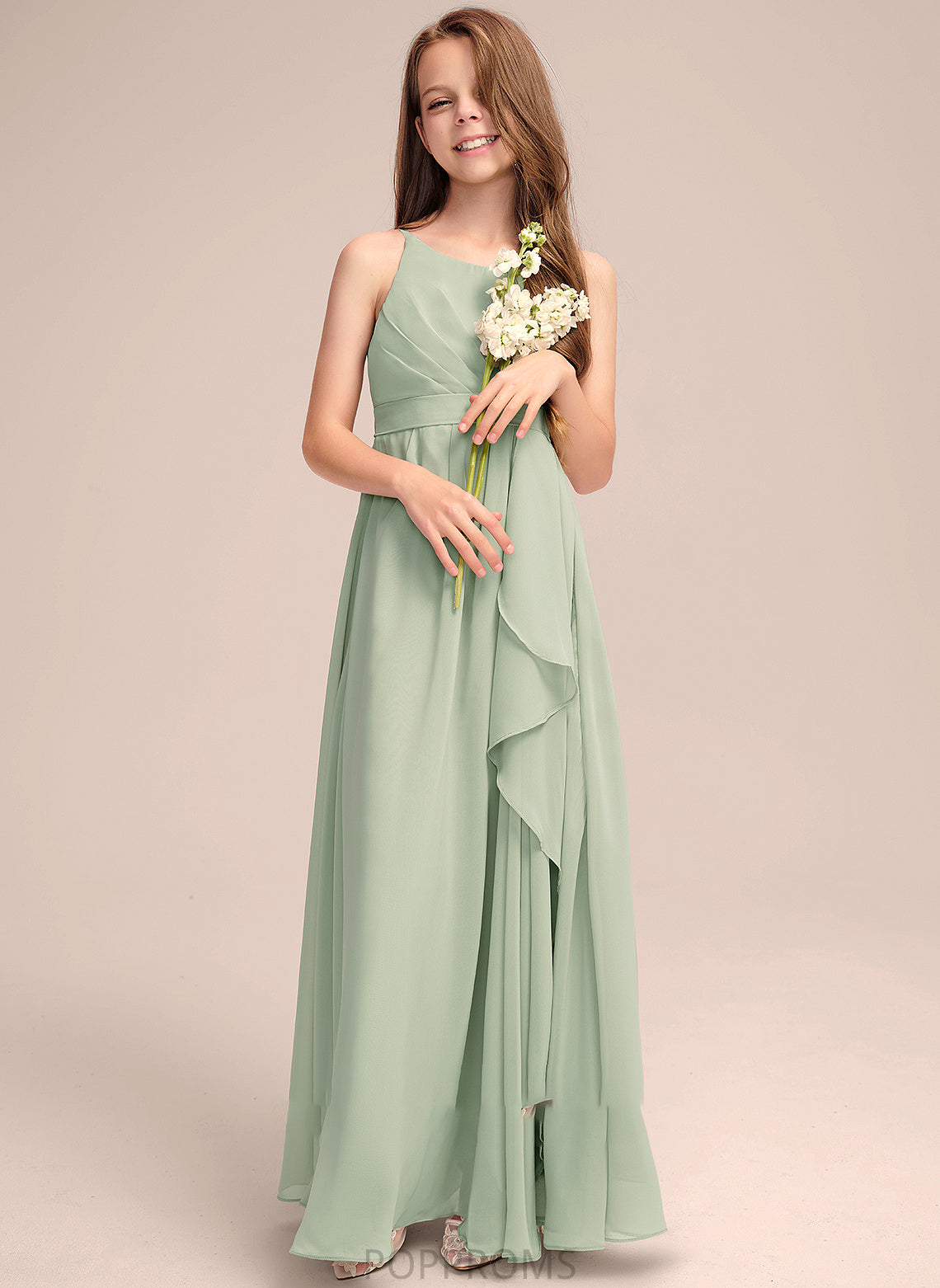 With Ruffles A-Line Neck Floor-Length Logan Junior Bridesmaid Dresses Chiffon Cascading Scoop