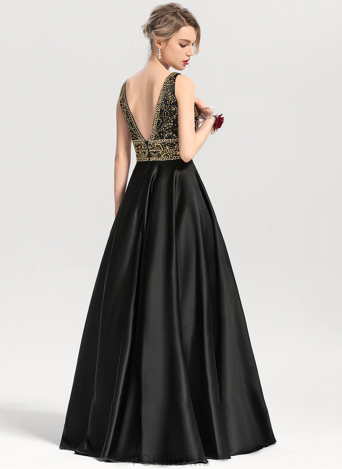 With V-neck Sequins Prom Dresses Floor-Length Satin Amaris Beading Ball-Gown/Princess