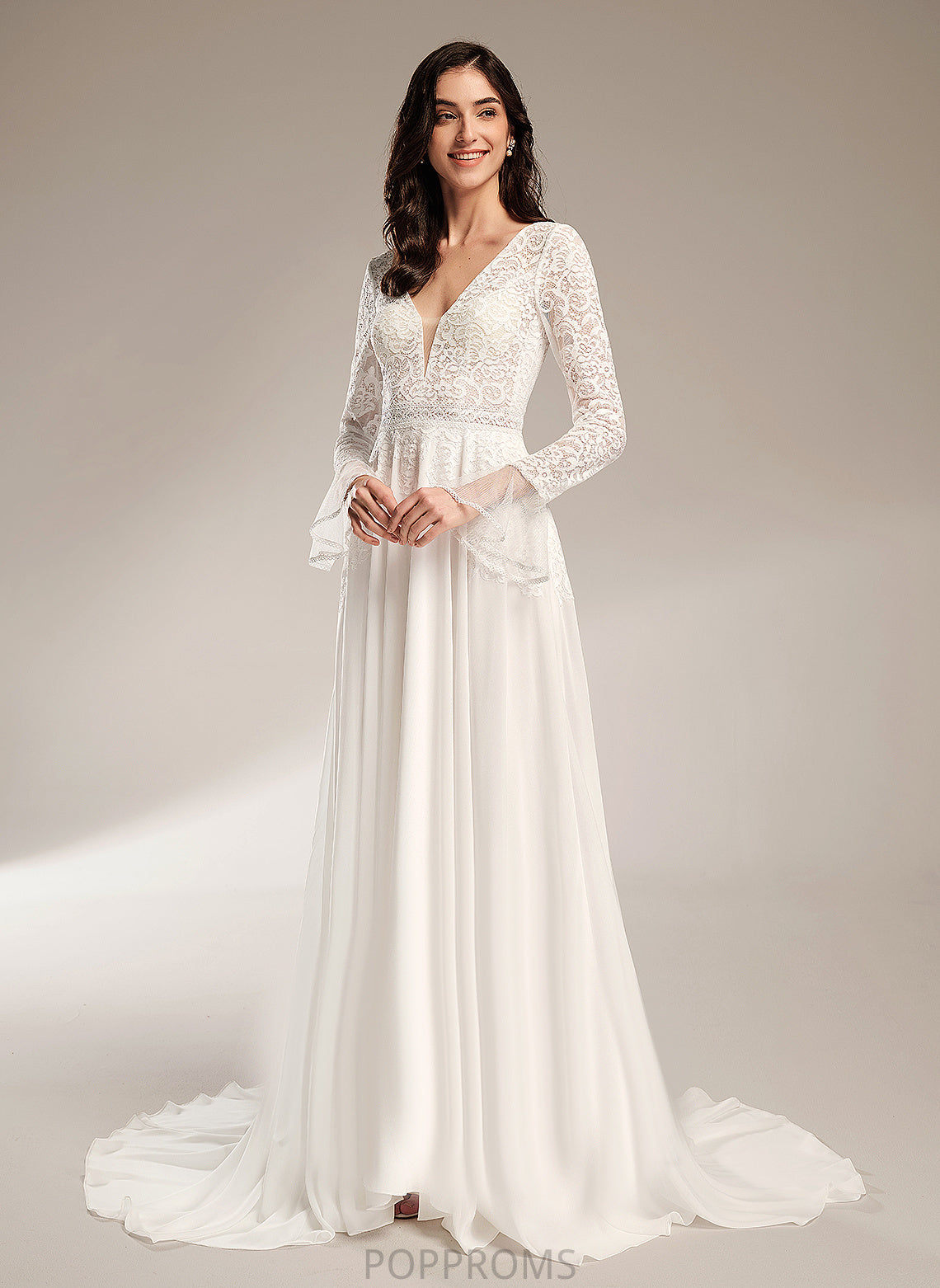 V-neck With Chiffon A-Line Lace Ruffle Wedding Train Dress Court Wedding Dresses Anabel