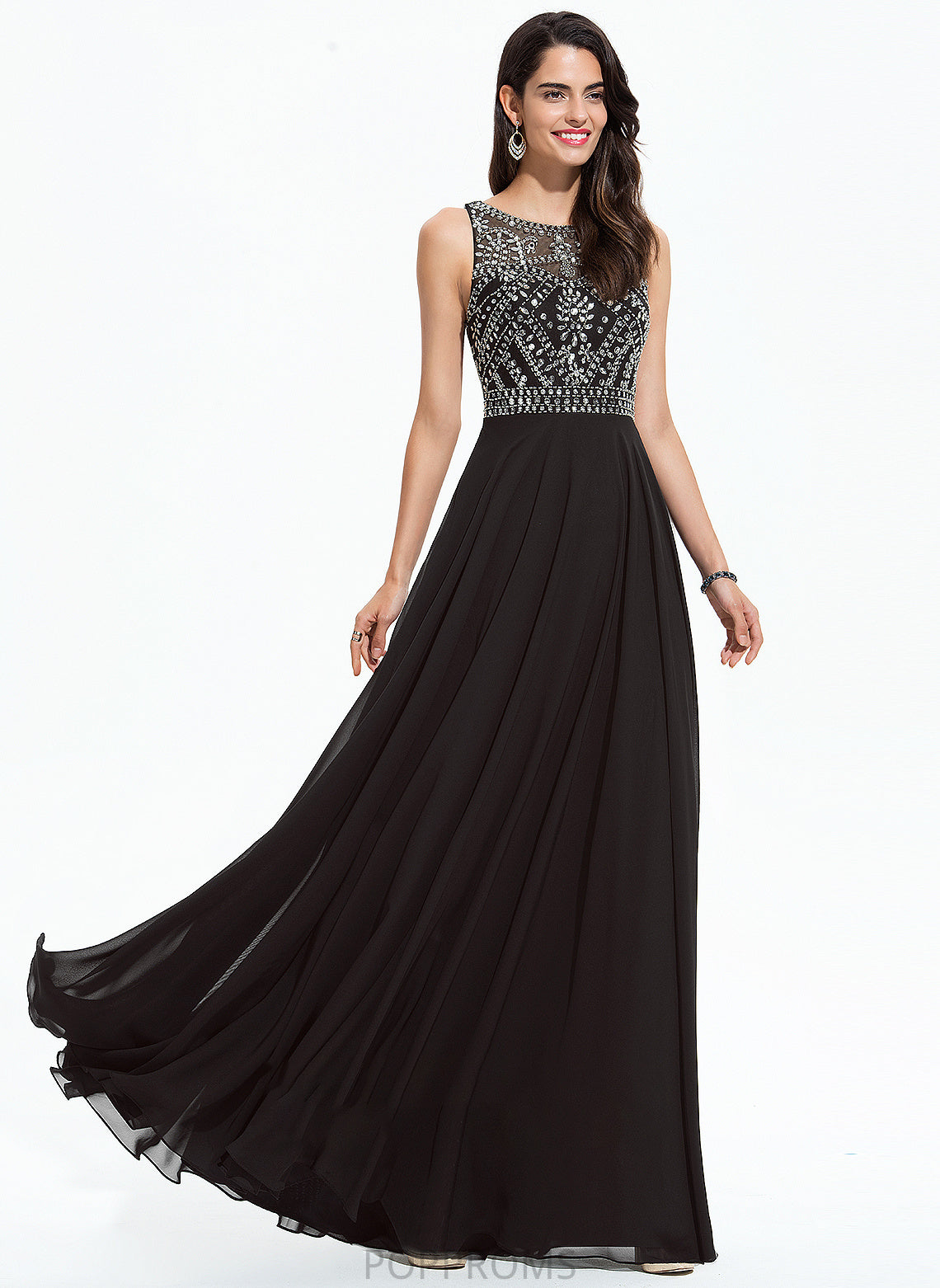 Yamilet Sequins Chiffon Neck Scoop Prom Dresses Beading A-Line With Floor-Length