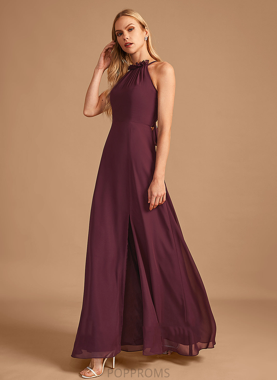 A-Line HighNeck Fabric Length Silhouette Embellishment SplitFront Neckline Floor-Length Brenda Floor Length A-Line/Princess Bridesmaid Dresses