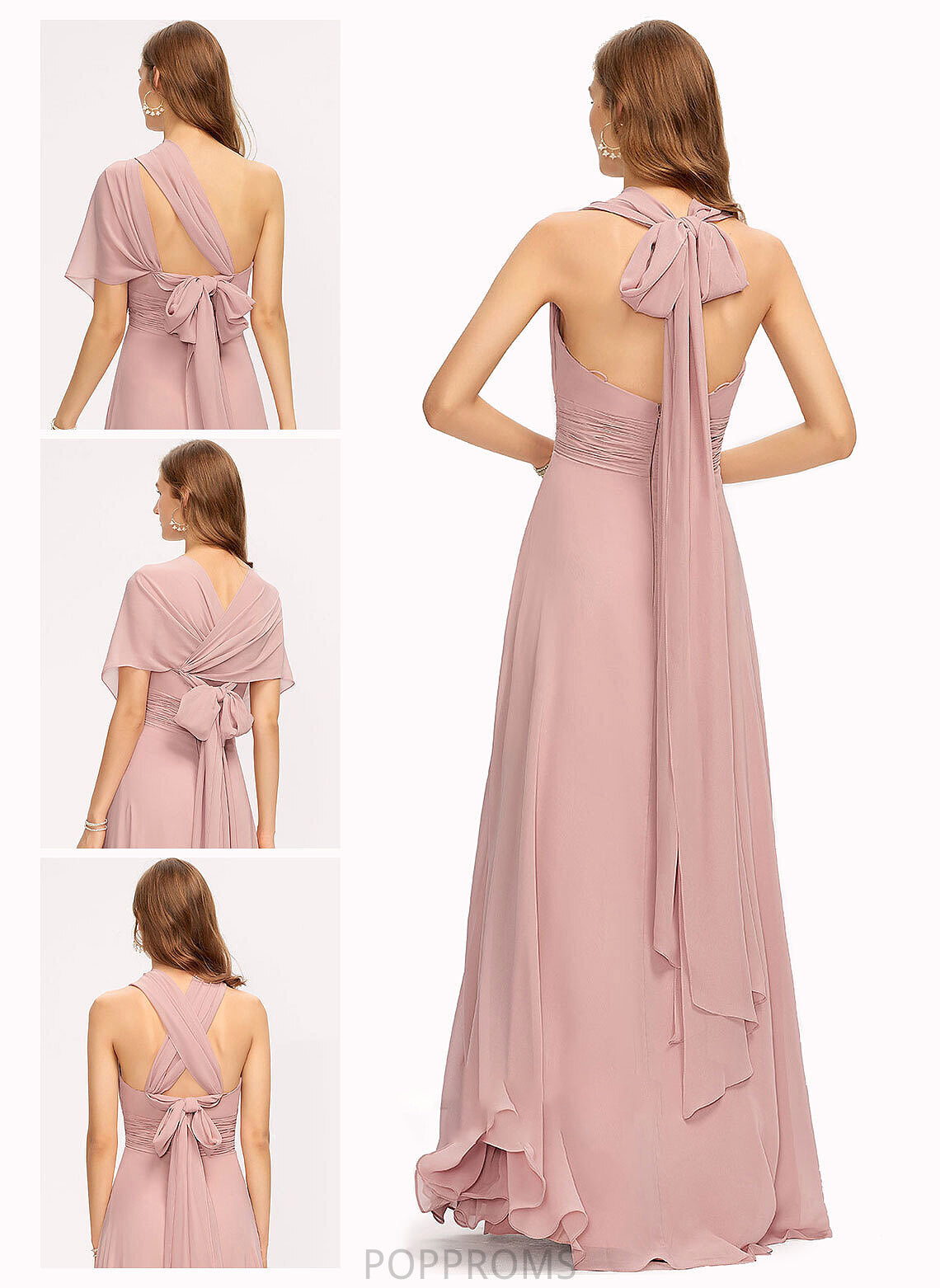 Ruffle Neckline V-neck Floor-Length One-Shoulder A-Line Fabric Halter Embellishment Length Silhouette Mylee Bridesmaid Dresses