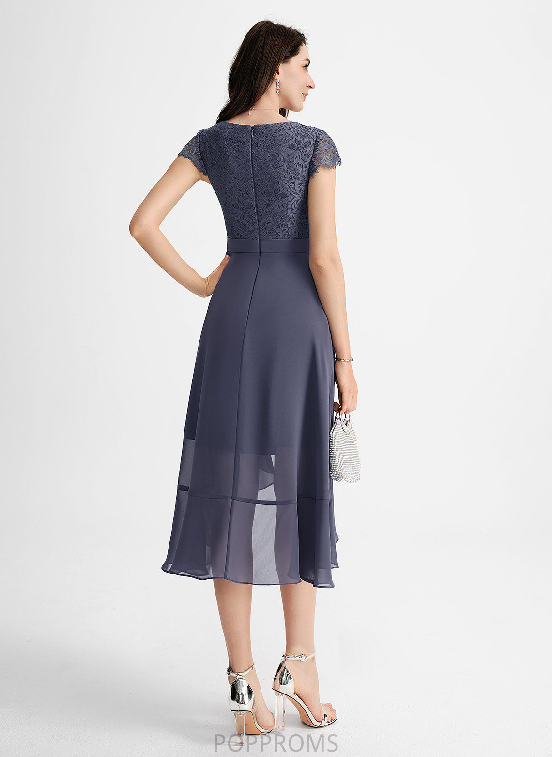 A-Line Ruffles Asymmetrical Cocktail Cocktail Dresses Lace Cascading With Dress Chiffon Louise V-neck