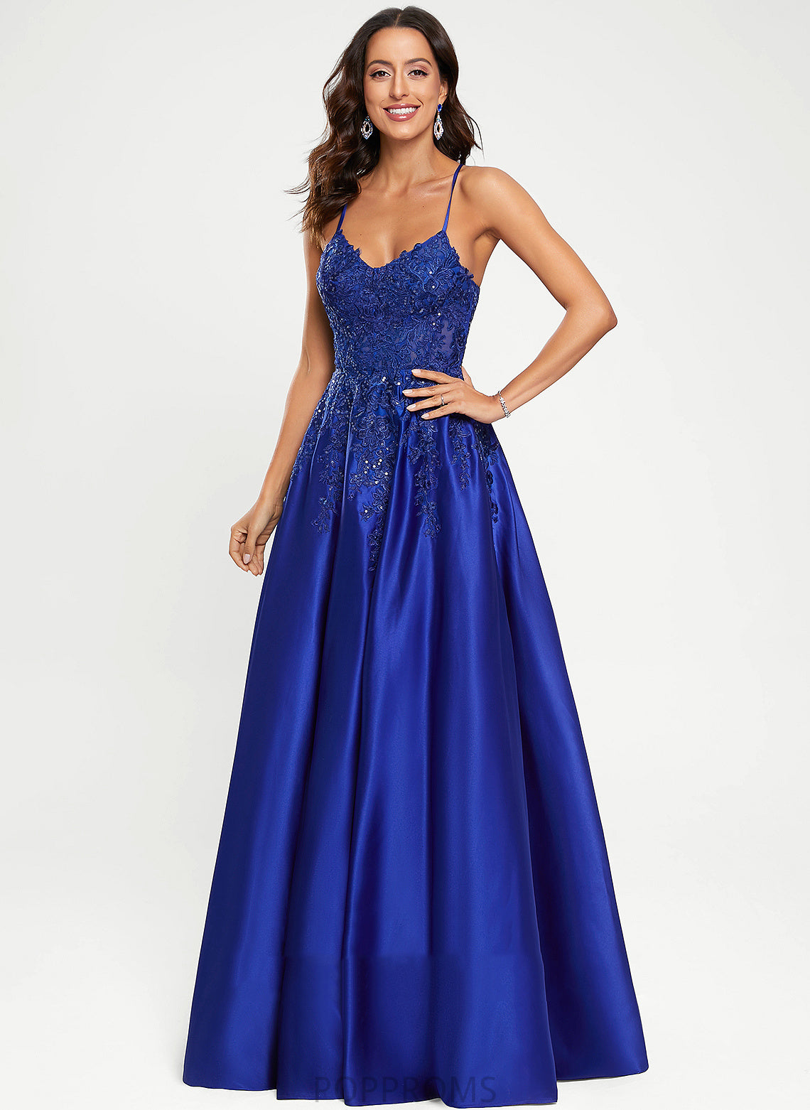 With Satin V-neck Suzanne Sequins Floor-Length A-Line Prom Dresses