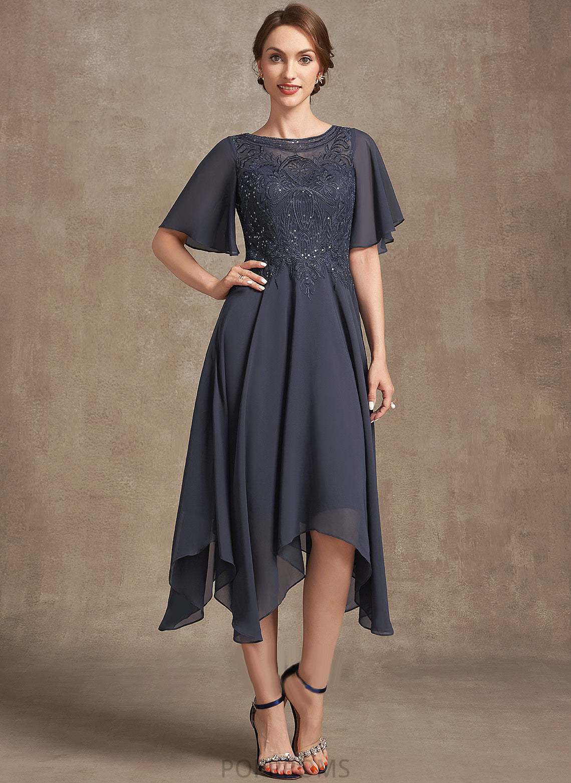 With the Mother Neck Lace Scoop Bride Hana Sequins Chiffon A-Line Dress Mother of the Bride Dresses of Tea-Length