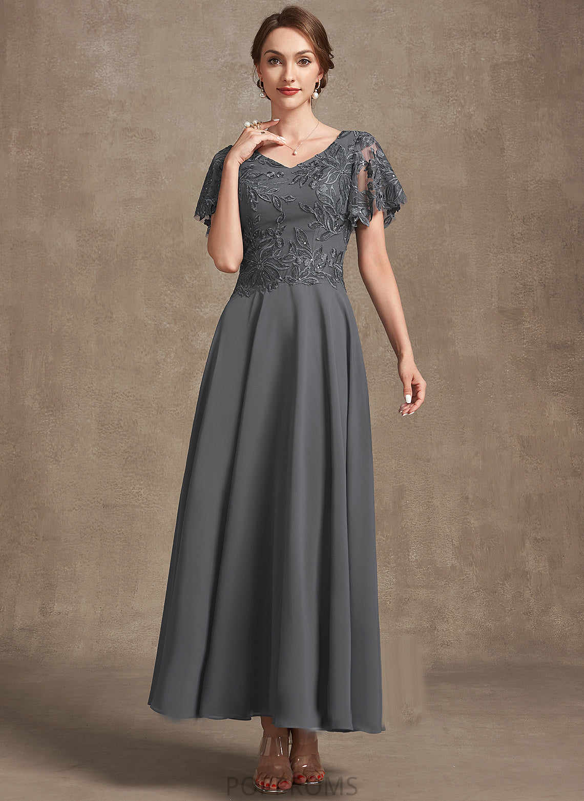 Mother Lace Bride Sequins Dress Mother of the Bride Dresses With the Hillary V-neck of Chiffon A-Line Ankle-Length