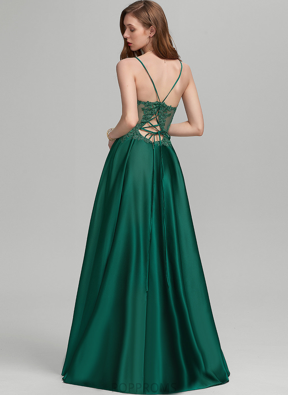 Laila Floor-Length Satin V-neck Prom Dresses Lace A-Line