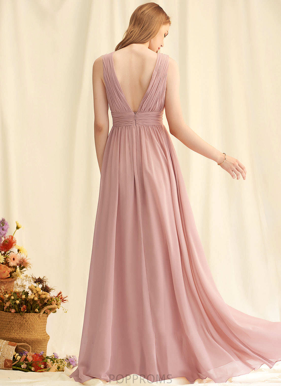 V-neck Fabric SplitFront Floor-Length Silhouette A-Line Neckline Length Embellishment Amina A-Line/Princess Sleeveless Bridesmaid Dresses