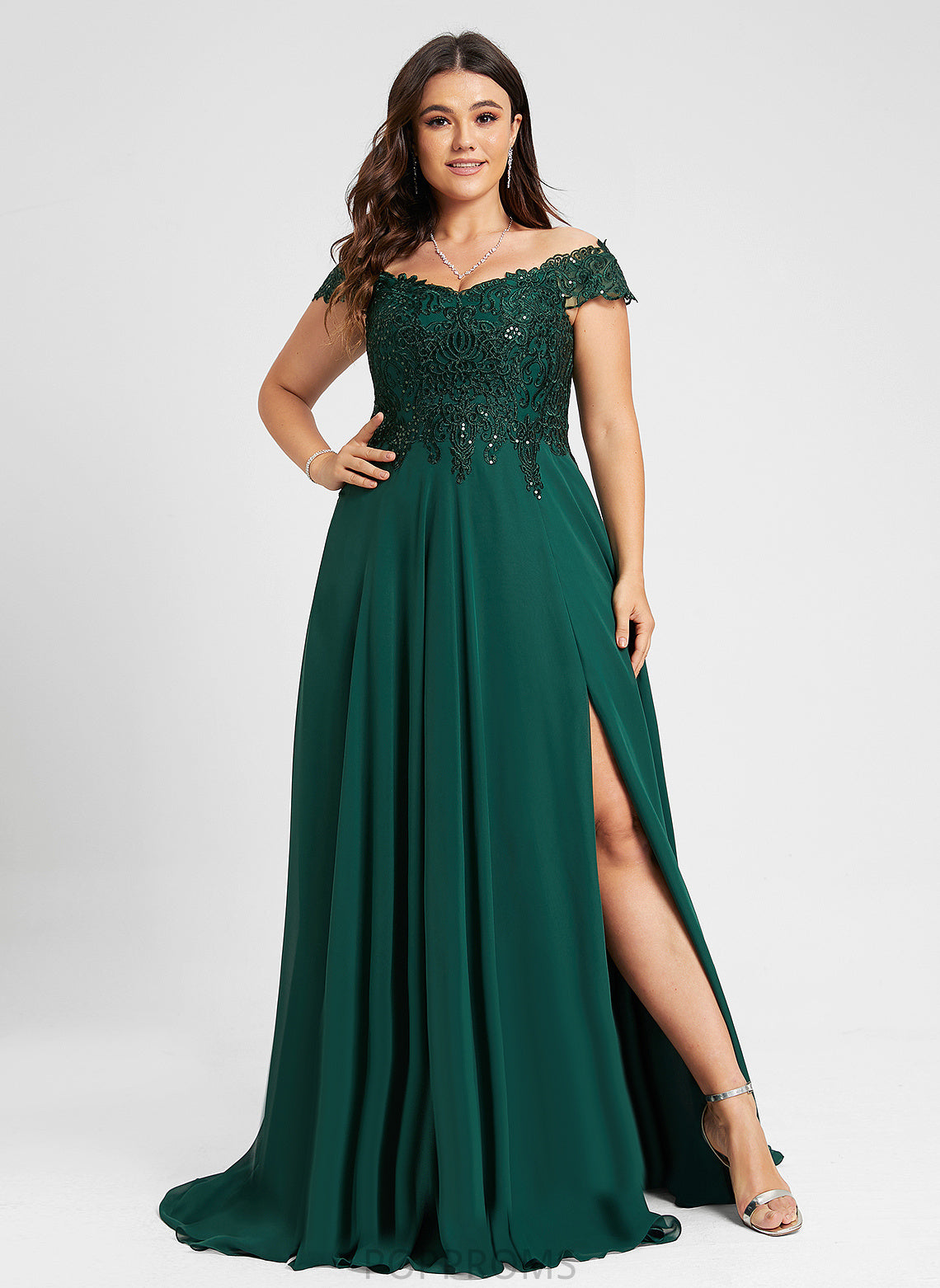 Off-the-Shoulder Train Lace Sweep With A-Line Lillie Chiffon Prom Dresses Sequins