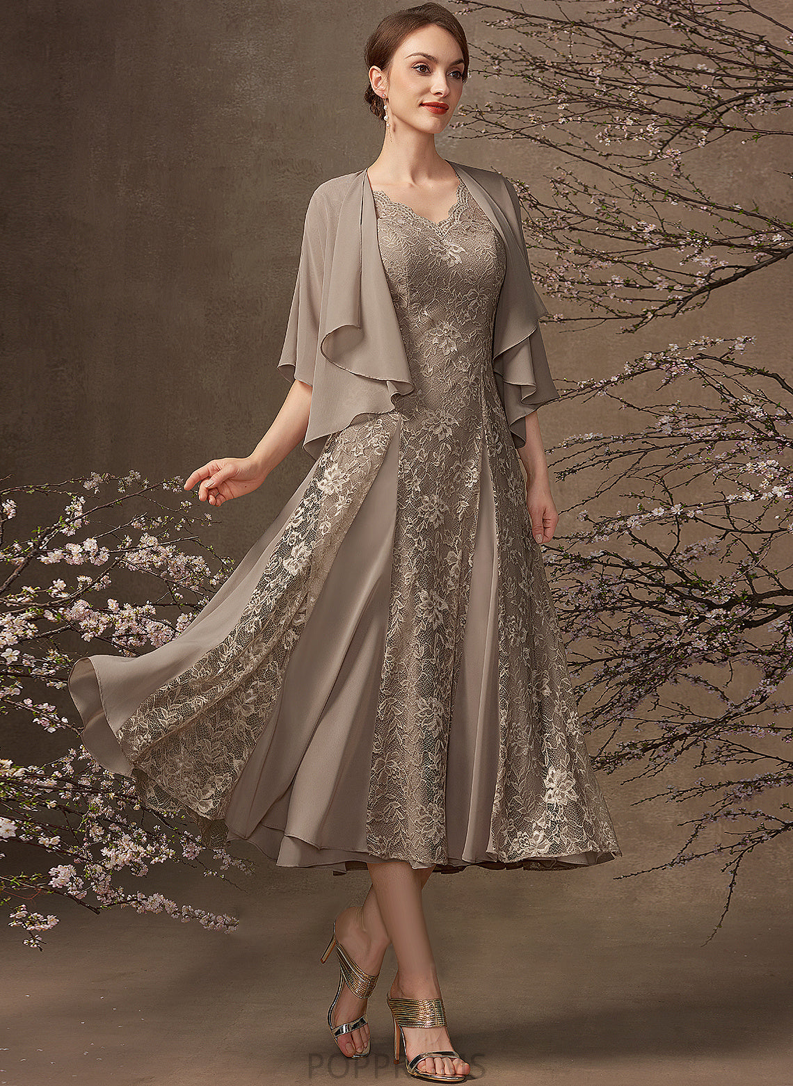 the of Chiffon Josie Mother A-Line Lace Tea-Length V-neck Bride Mother of the Bride Dresses Dress