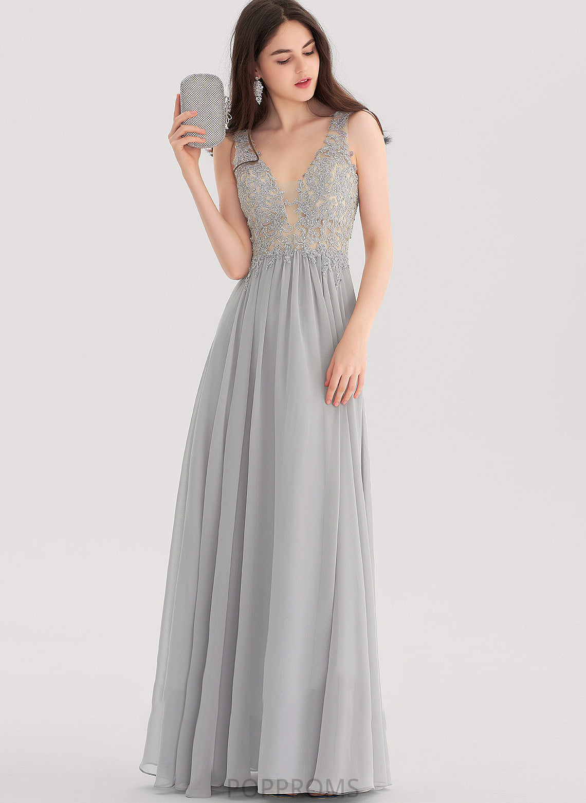 Lace V-neck Rhinestone Floor-Length Prom Dresses Alexia With Chiffon A-Line