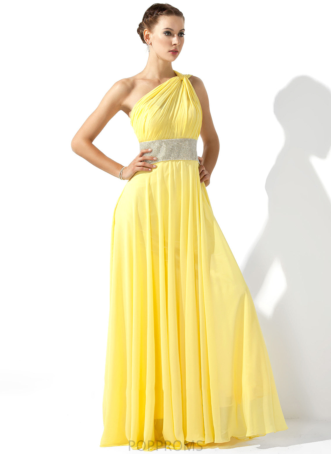 With A-Line Floor-Length One-Shoulder Sara Beading Chiffon Ruffle Prom Dresses