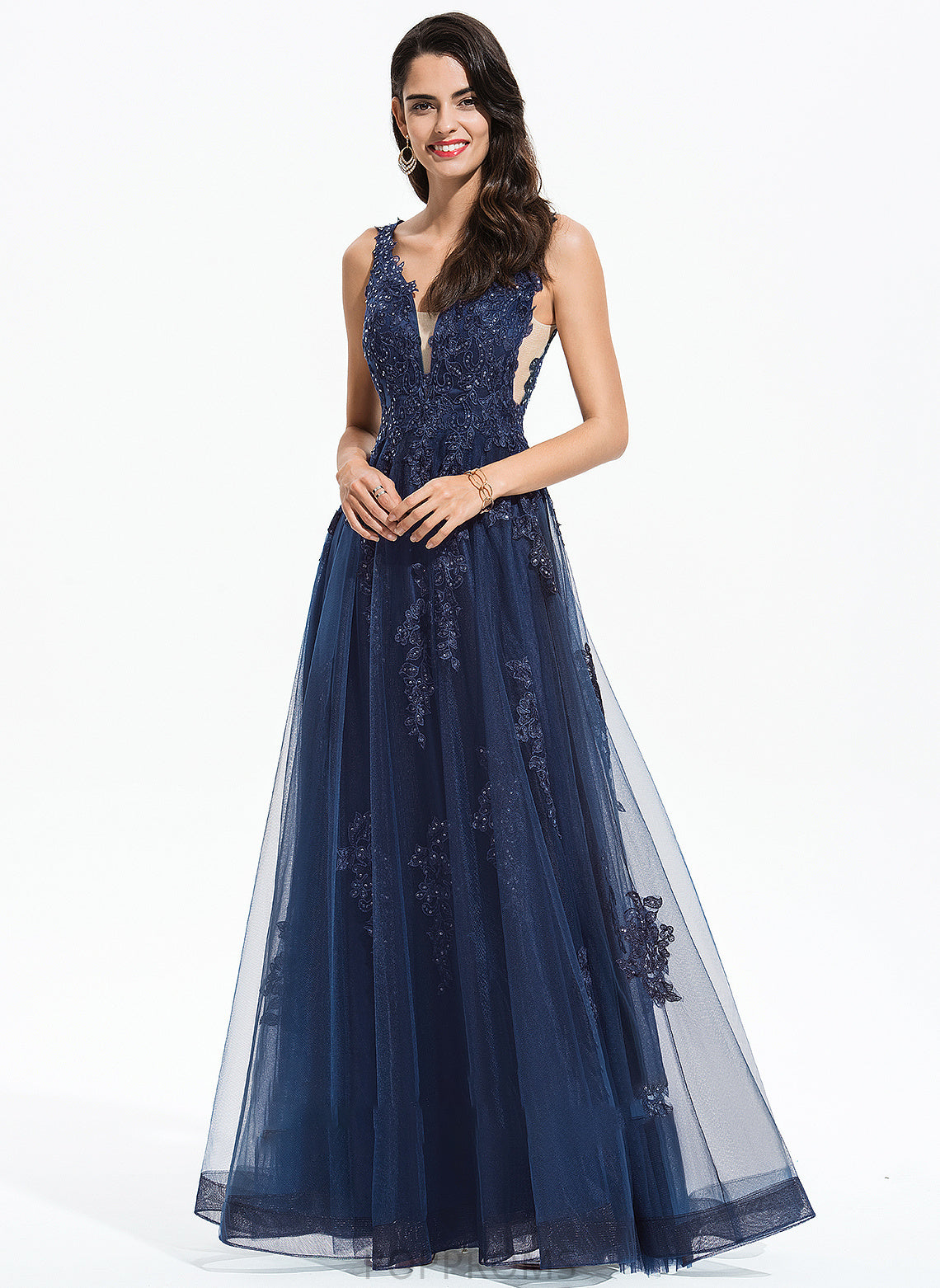 With V-neck Tulle A-Line Prom Dresses Floor-Length Sequins Cadence Lace