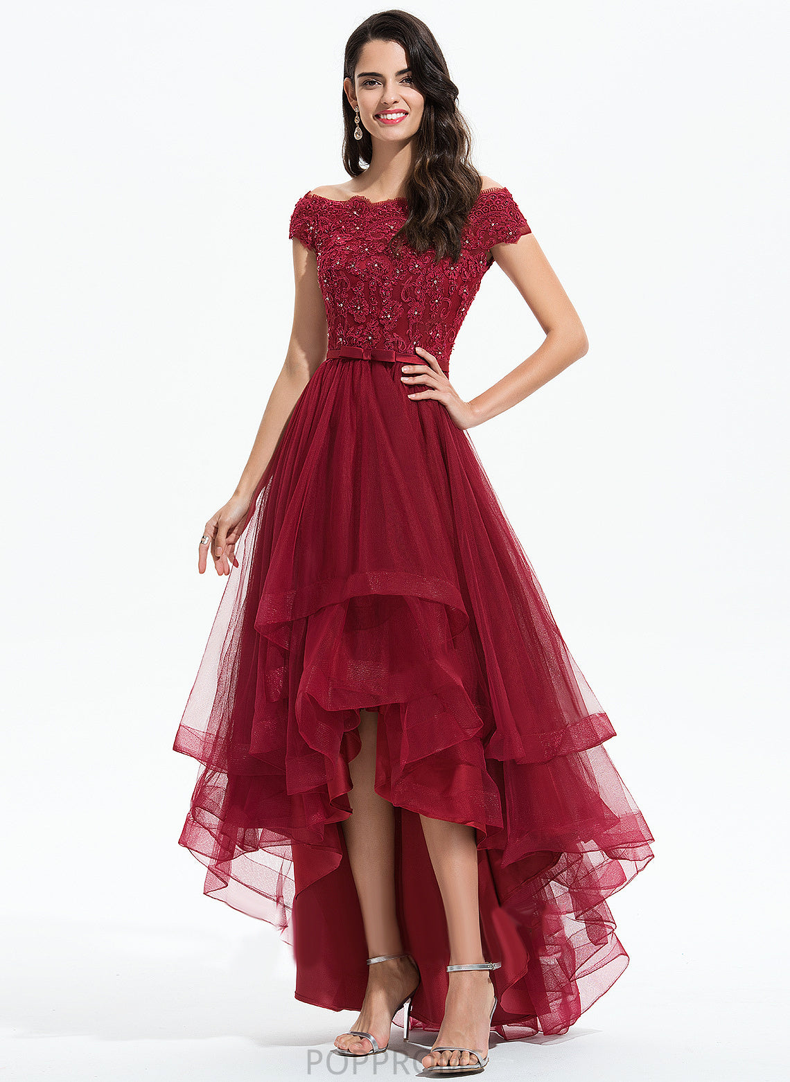 With Off-the-Shoulder A-Line Sequins Lace Tulle Asymmetrical Diya Beading Bow(s) Prom Dresses