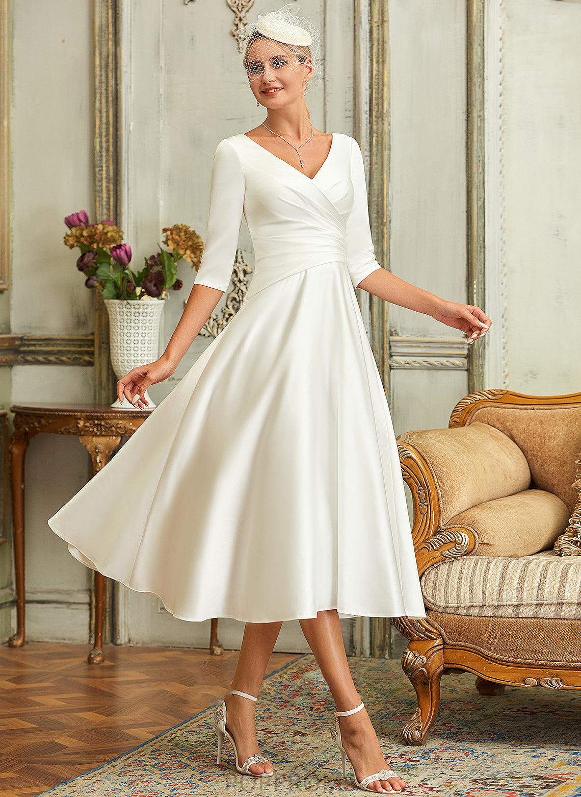 Wedding V-neck Tea-Length A-Line Alia Satin Wedding Dresses Dress