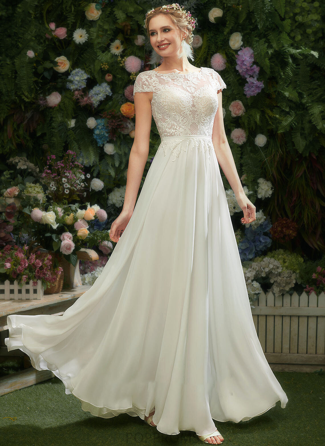 Shayna Floor-Length Sequins Wedding Wedding Dresses With Dress A-Line Lace Illusion