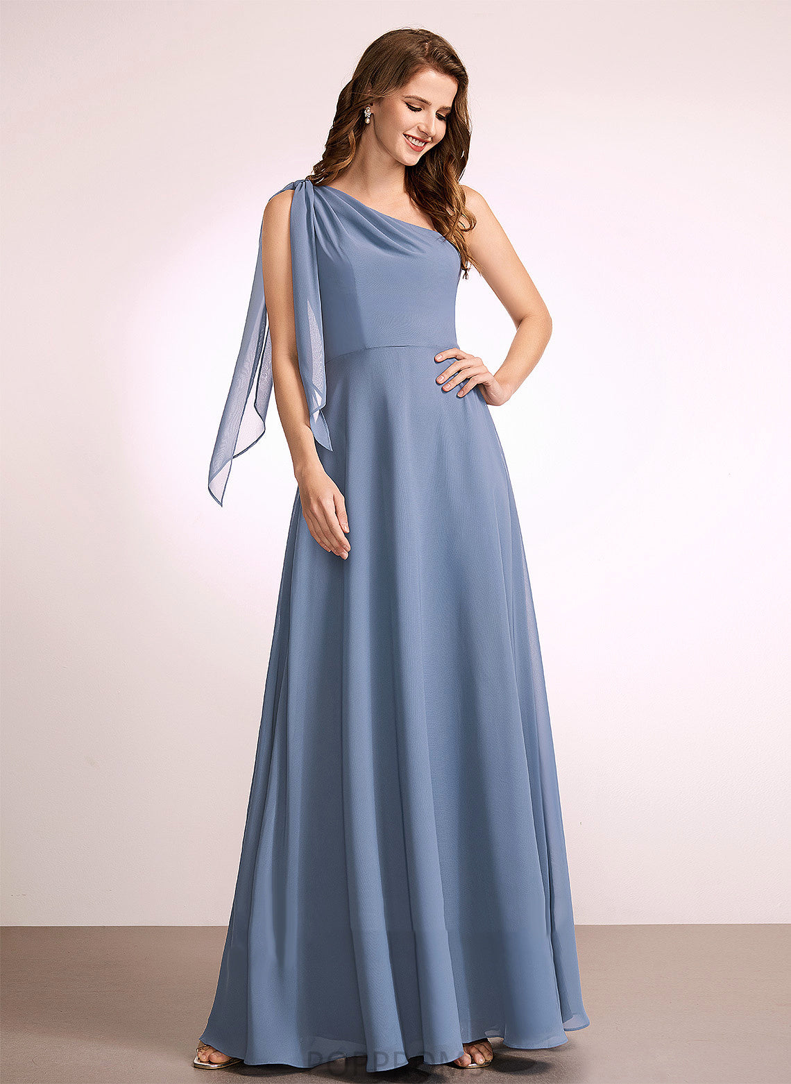 A-Line Floor-Length Embellishment Silhouette Length Neckline Fabric One-Shoulder Bow(s) Amy Natural Waist Straps Bridesmaid Dresses