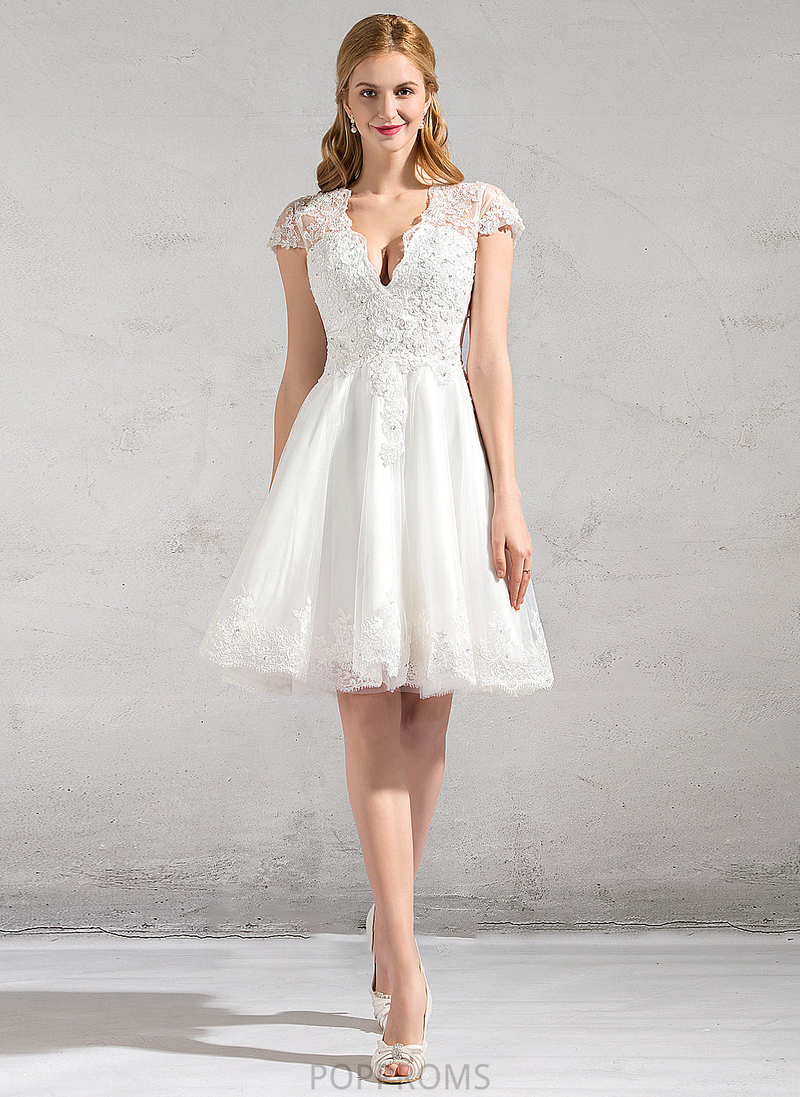 Wedding Dresses Lace Sequins V-neck Dress With Knee-Length A-Line Tulle Beading Lace Wedding Appliques Neveah