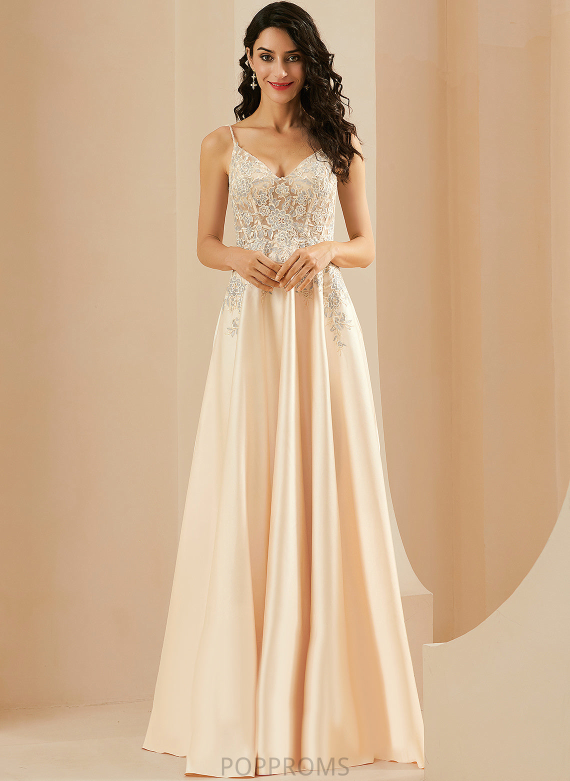 Katie A-Line Floor-Length Prom Dresses V-neck Satin Lace