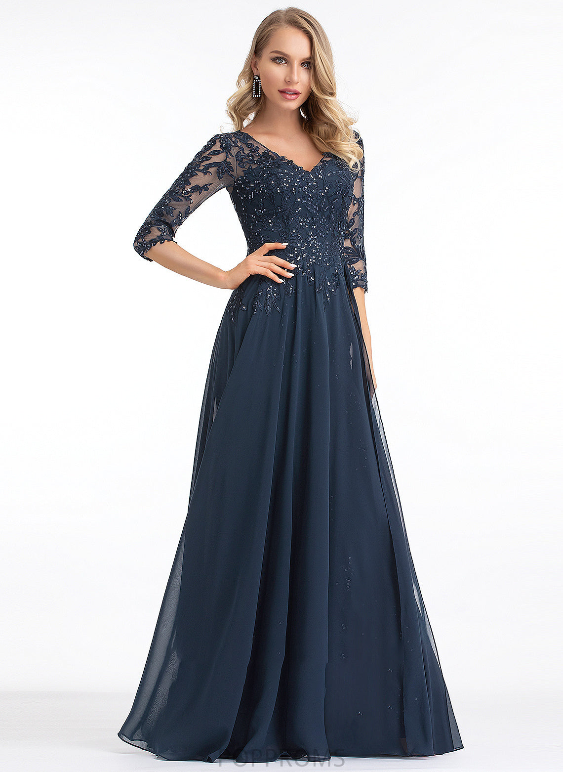 Rosalind Chiffon Floor-Length A-Line With Sequins V-neck Prom Dresses