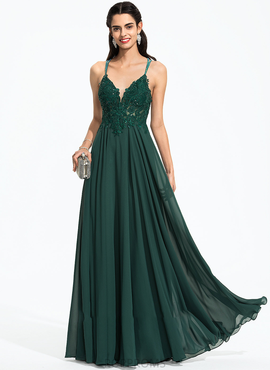 Sequins Beading Isabela V-neck Floor-Length Prom Dresses With A-Line Chiffon