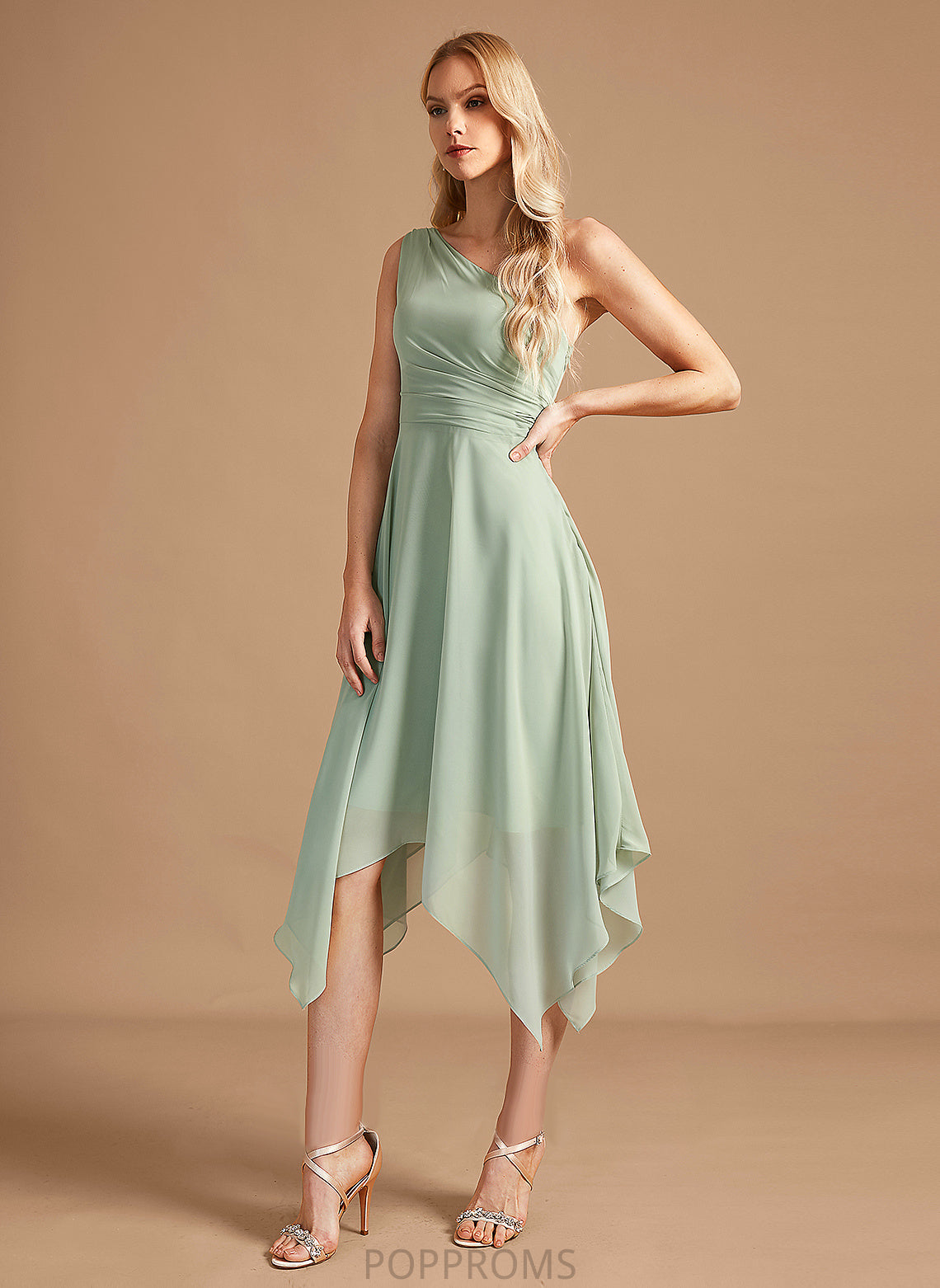 Ruffle A-Line One-Shoulder Fabric Length Neckline Asymmetrical Silhouette Embellishment Elliana Sleeveless Natural Waist Bridesmaid Dresses