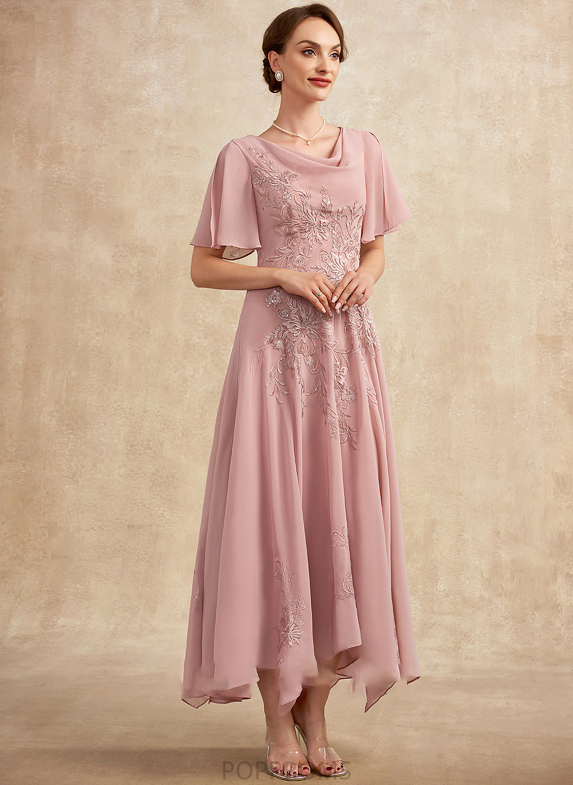 Lace Cowl Dress Chiffon the Neck Ankle-Length Bride Mother of the Bride Dresses Kaleigh A-Line of Mother