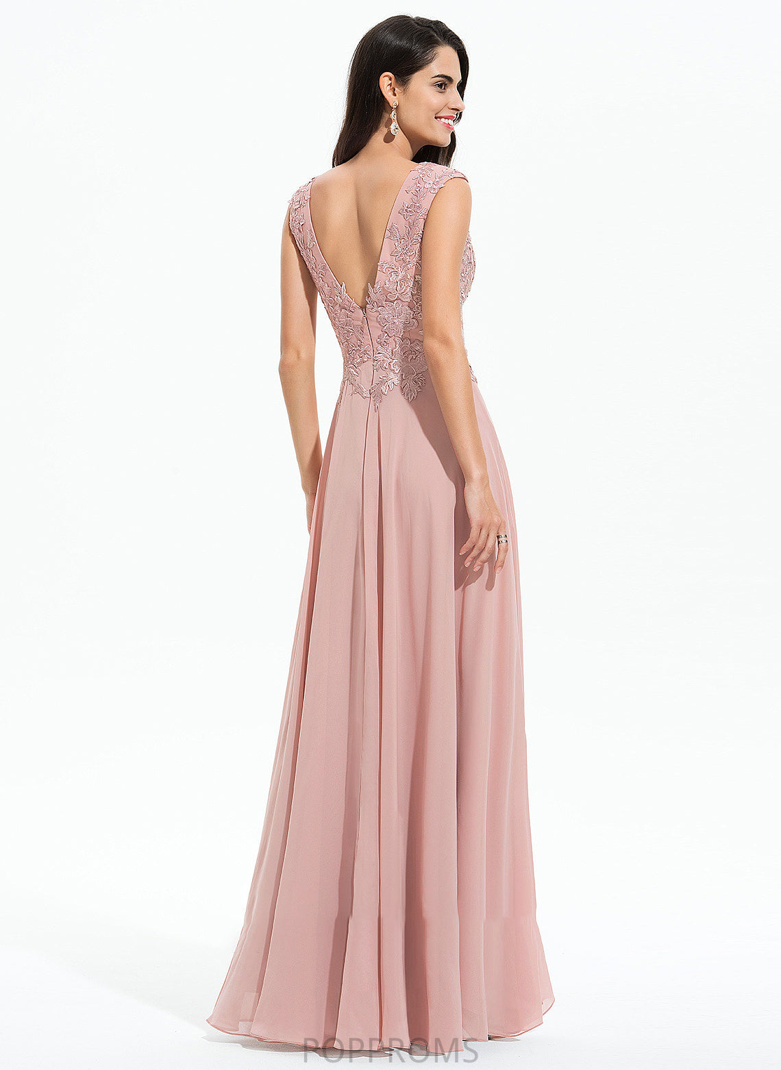 Split Front Mary A-Line V-neck Prom Dresses Chiffon Floor-Length With Lace