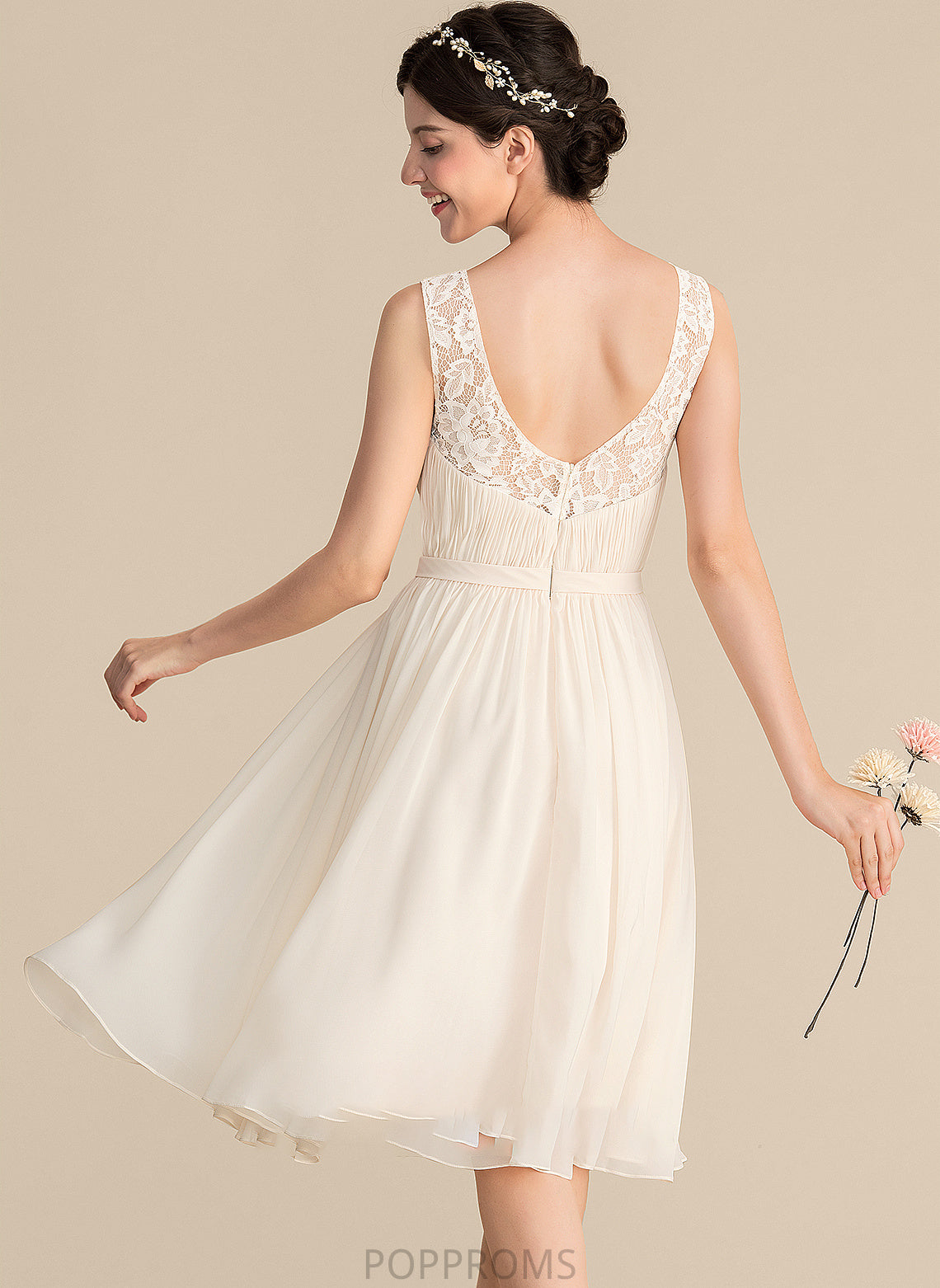 With Wedding Dresses Wedding A-Line Lace Chiffon Kenna Ruffle Knee-Length Dress V-neck