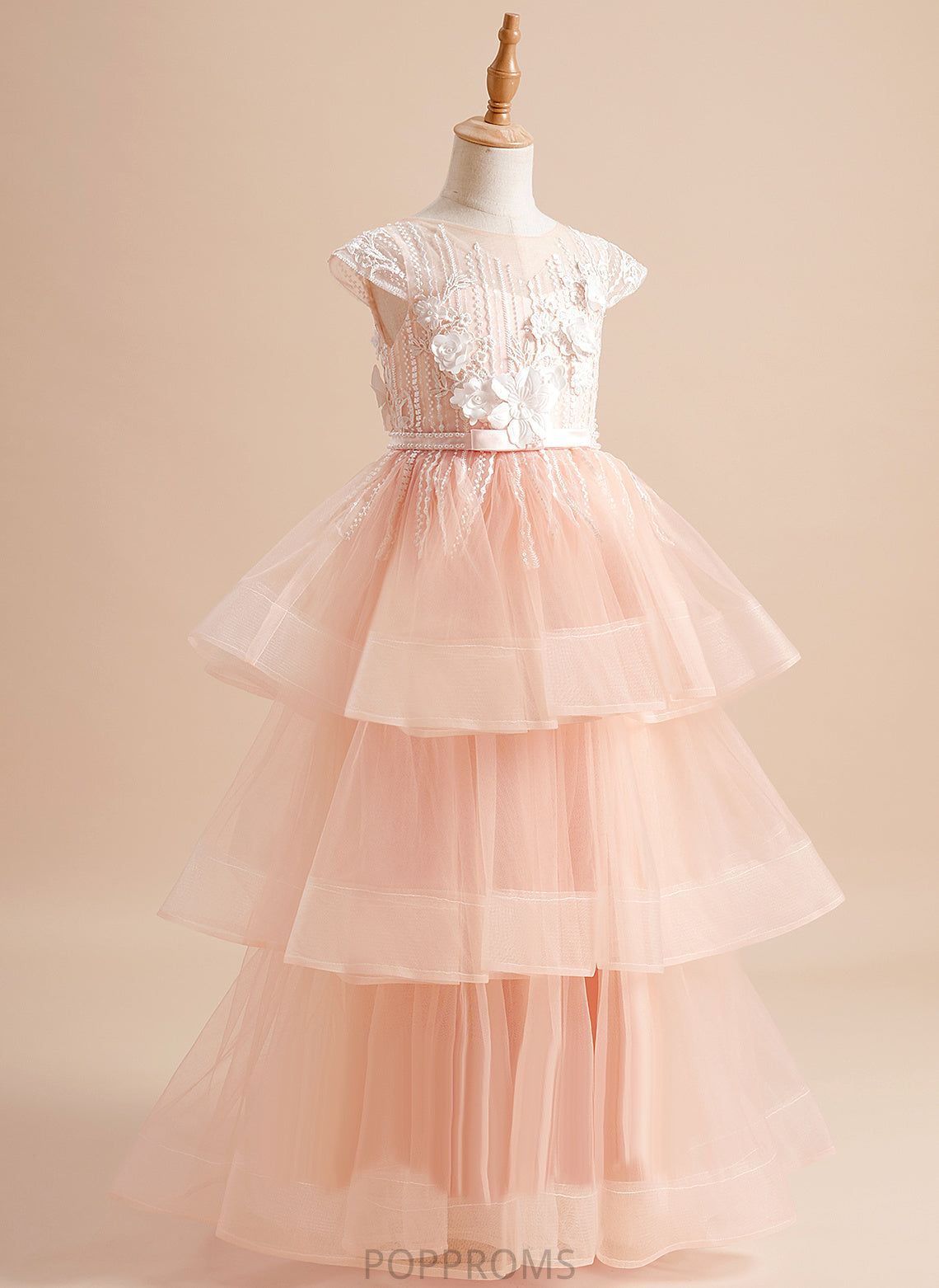 Flower Beading/Flower(s)/Bow(s) Neck Girl Dress Floor-length With Dakota Tulle - Ball-Gown/Princess Short Scoop Flower Girl Dresses Sleeves