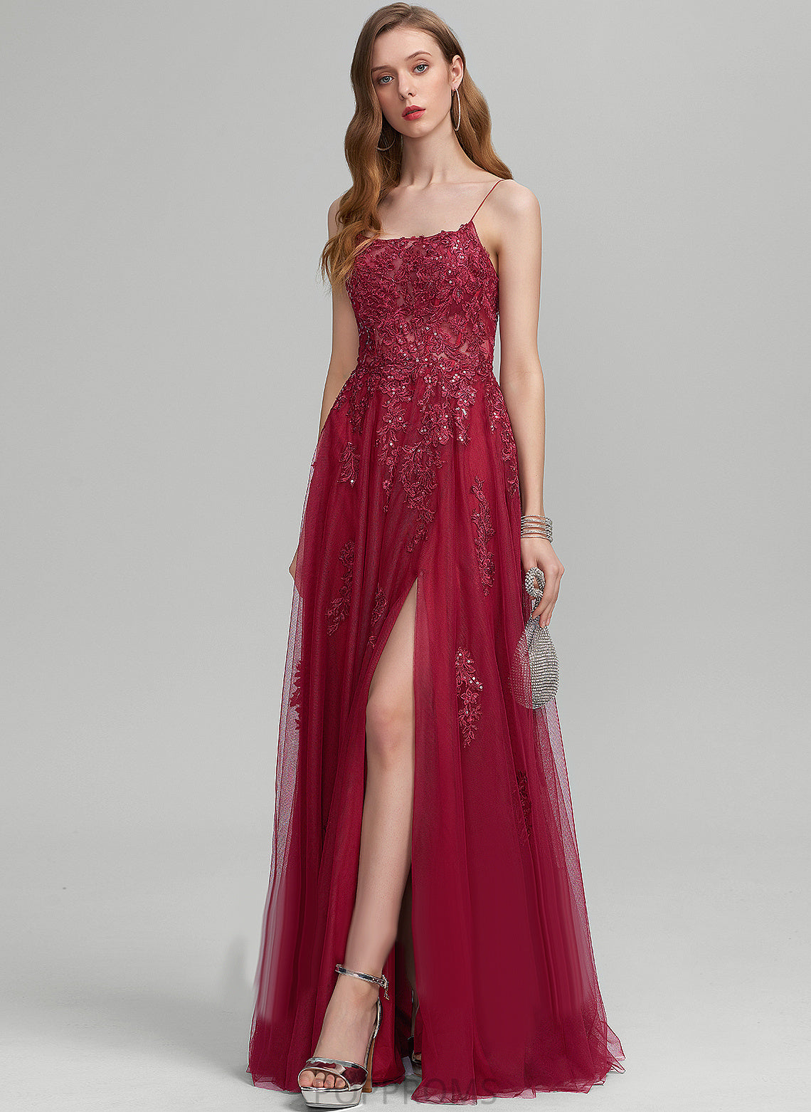 Prom Dresses Square Floor-Length With Lace Tulle Sequins A-Line Cristal