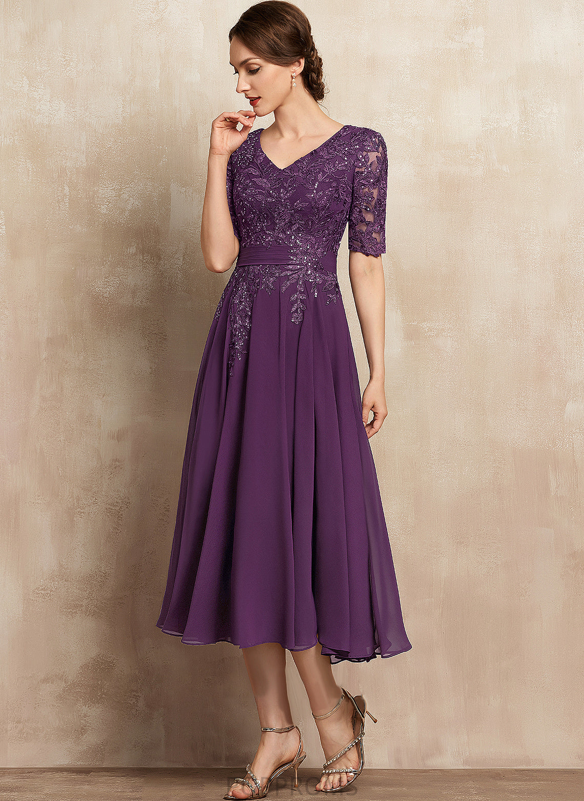 Tea-Length With Bride Mother of the Bride Dresses Chiffon Sequins of Mother A-Line V-neck Lace the Mallory Dress