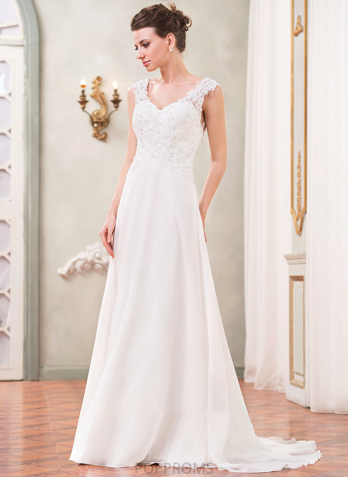 Beading Sequins Lace Wedding Dresses With Sweep Wedding Chiffon Train A-Line Dress V-neck Giovanna