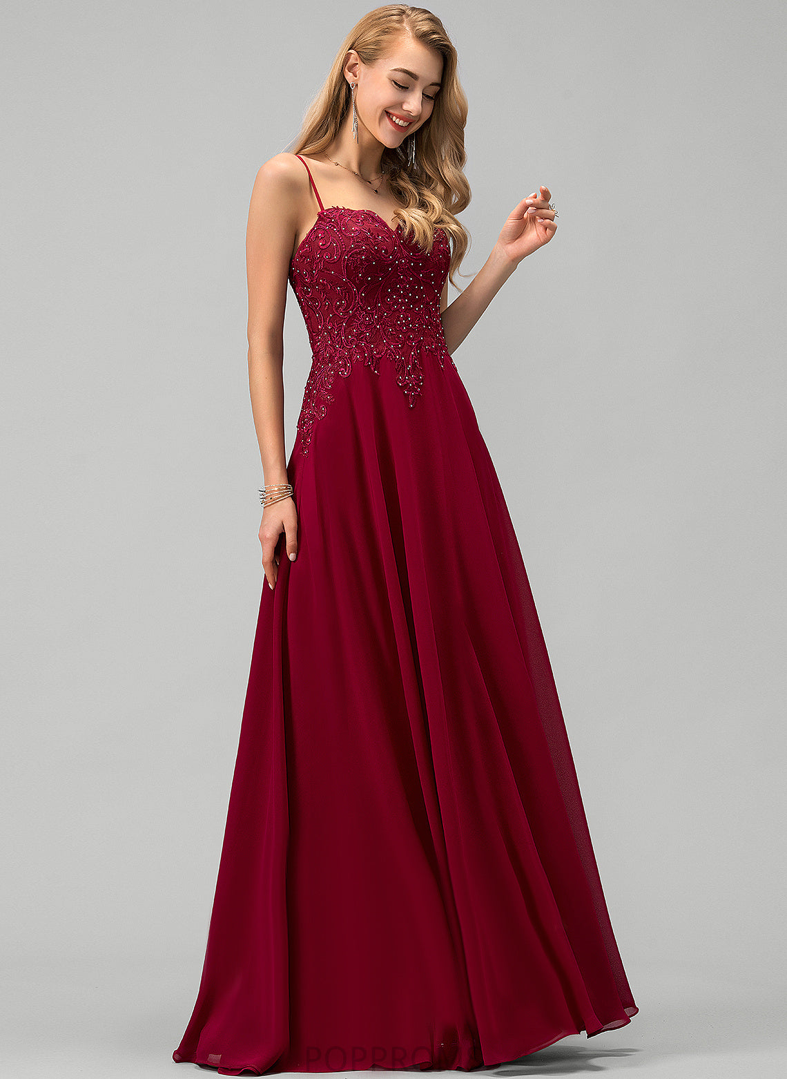 Lace Floor-Length Sue Sweetheart Chiffon With A-Line Rhinestone Prom Dresses