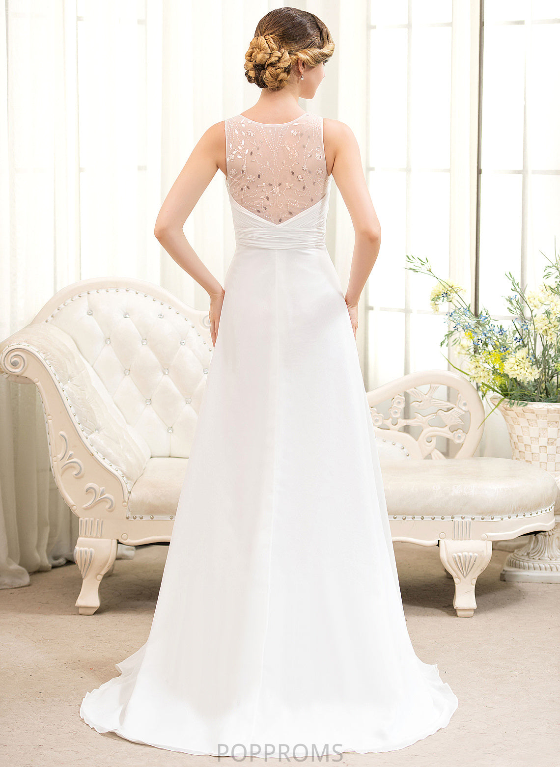 V-neck A-Line Cheyenne Dress With Cascading Wedding Sweep Beading Sequins Chiffon Tulle Wedding Dresses Train Ruffles