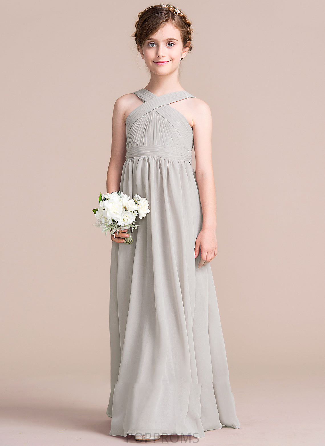 With Addison Bow(s) V-neck Chiffon Floor-Length Ruffle A-Line Junior Bridesmaid Dresses