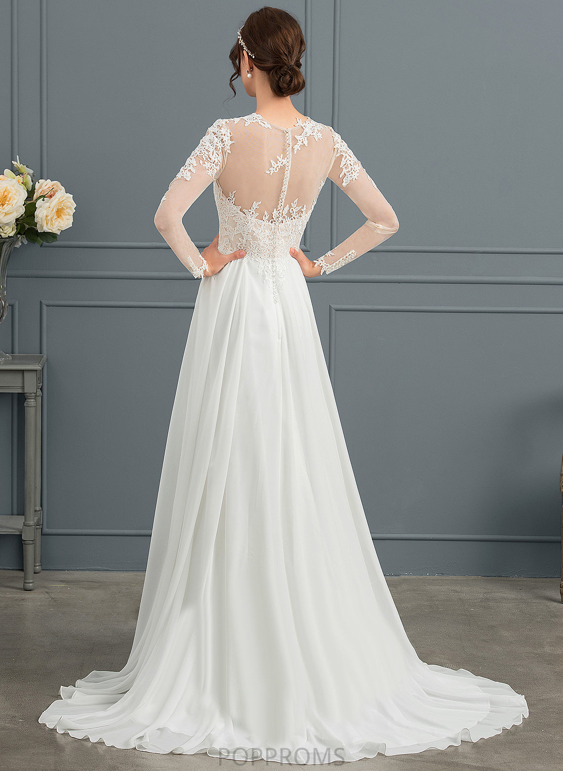 Wedding Train A-Line Split Illusion Appliques Dress With Chiffon Sweep Gianna Wedding Dresses Tulle Lace Front