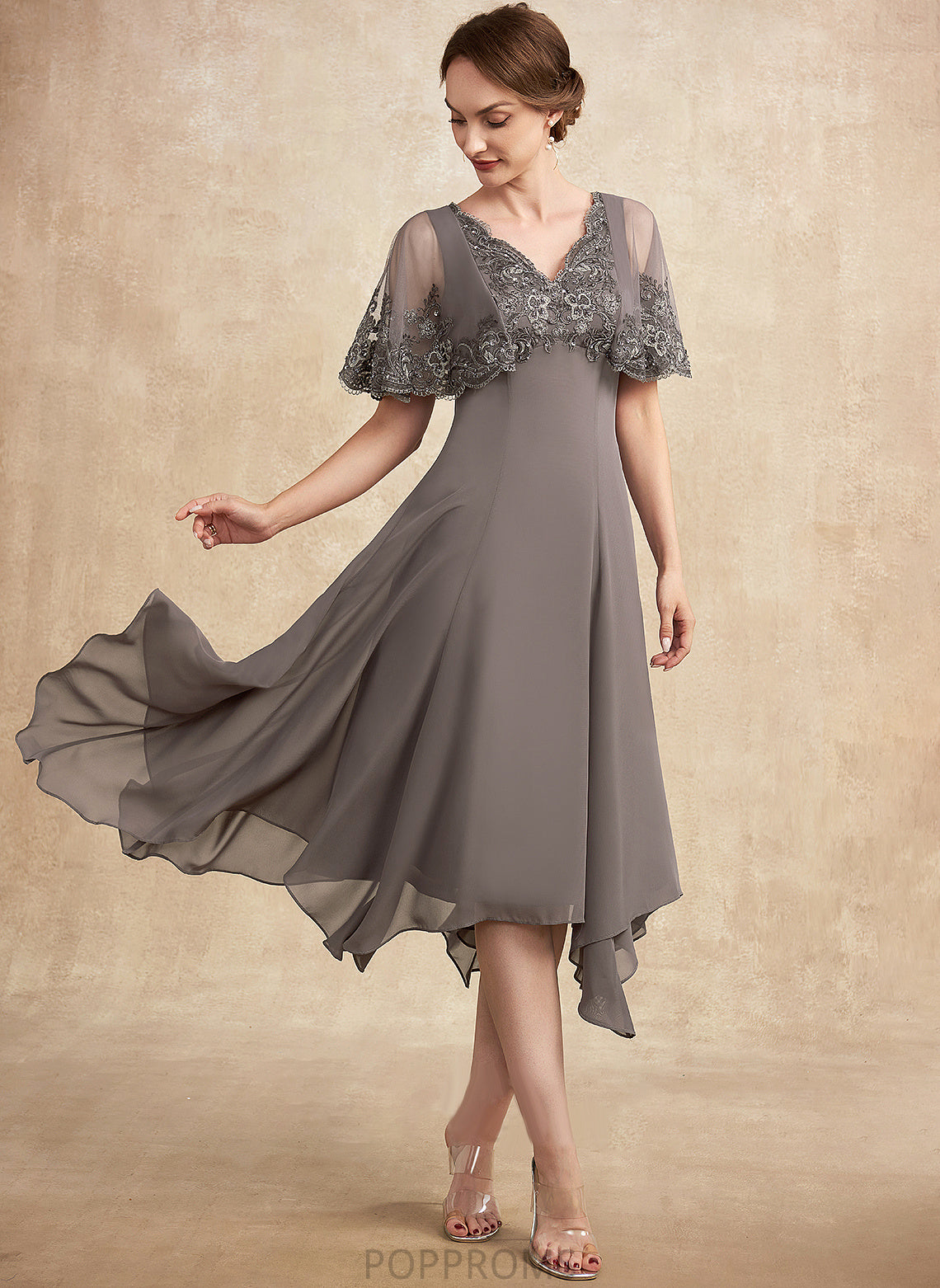 Mother Taniya Mother of the Bride Dresses Beading Sequins V-neck Bride Lace With of Chiffon Tea-Length the Dress A-Line