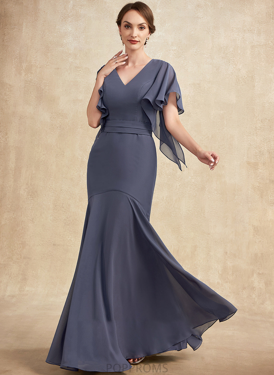 Floor-Length the Mother of the Bride Dresses of Mother Mandy Bride V-neck Dress Chiffon Trumpet/Mermaid