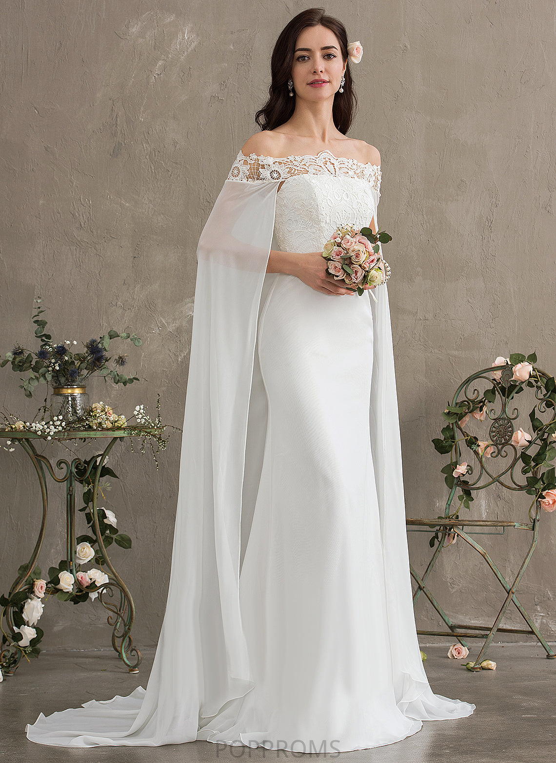 Lace Dress Lace Train Sheath/Column Wedding Dresses Gianna Chiffon With Court Off-the-Shoulder Wedding