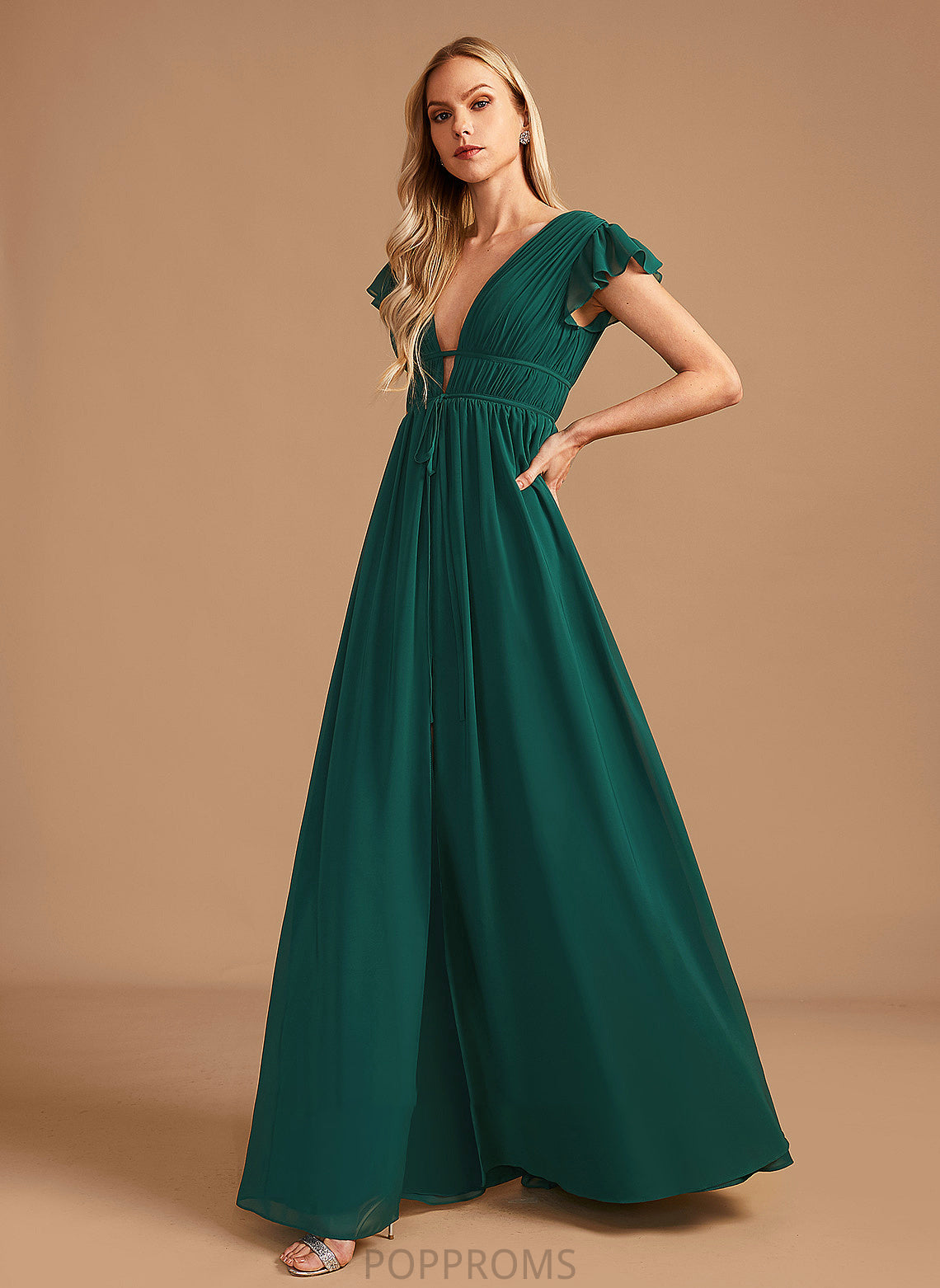 Silhouette Floor-Length Fabric V-neck Length A-Line Embellishment SplitFront Neckline Elaina Spaghetti Staps A-Line/Princess Bridesmaid Dresses