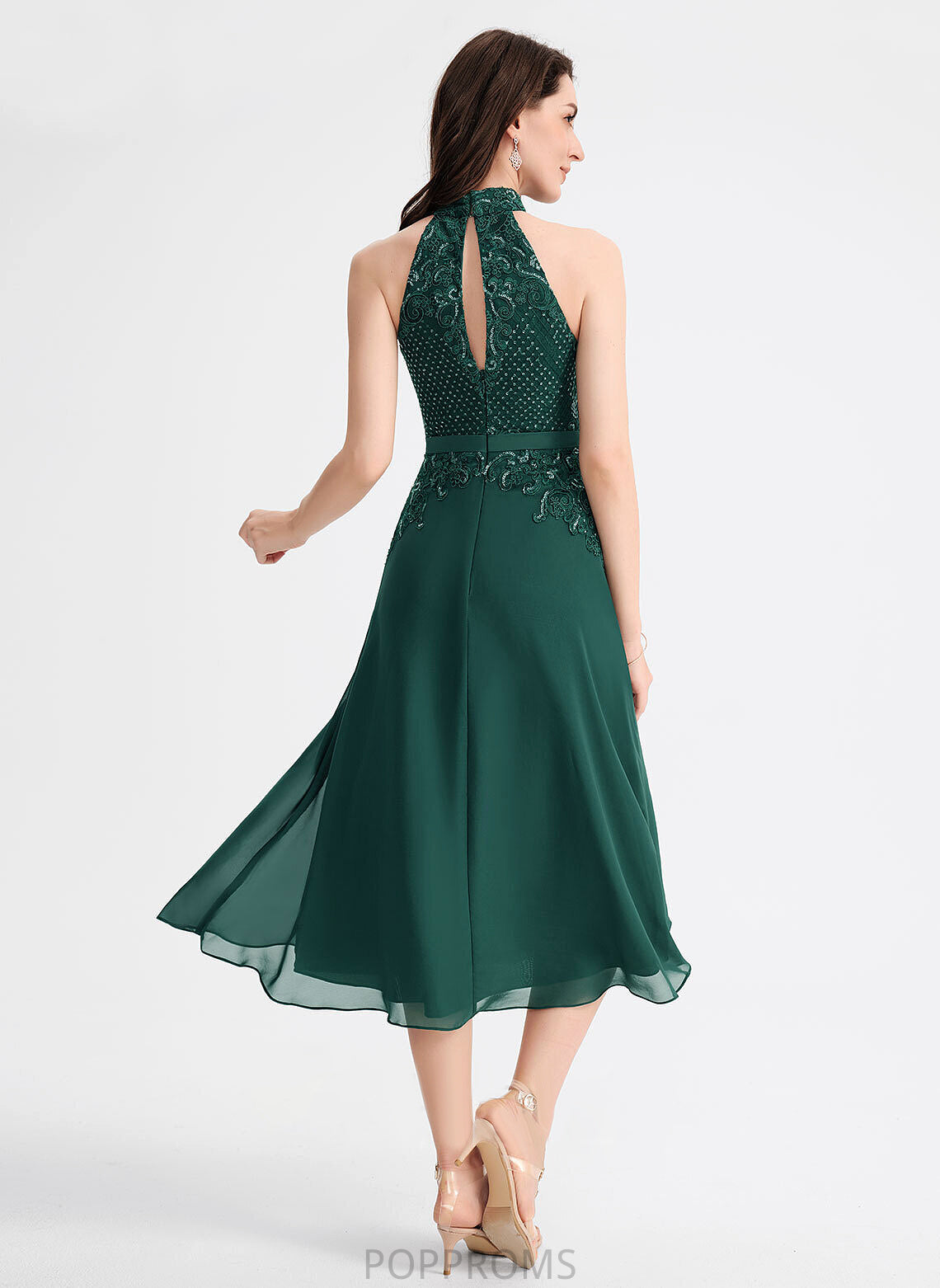 With A-Line Tea-Length Dress Chiffon Cocktail Dresses Sequins Lace Cocktail Scoop Susanna Neck