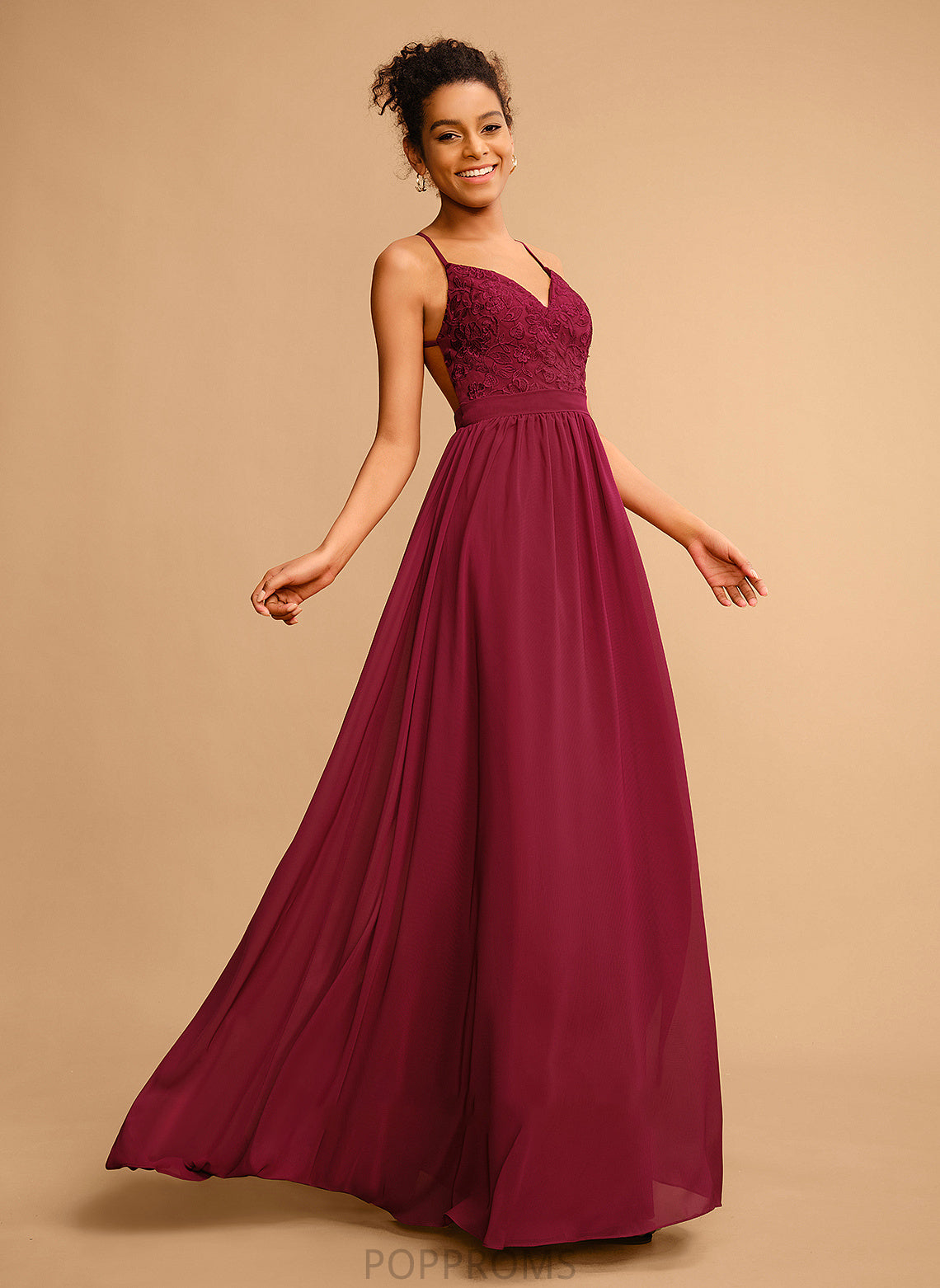 Lace V-neck Madeleine Chiffon A-Line With Floor-Length Prom Dresses