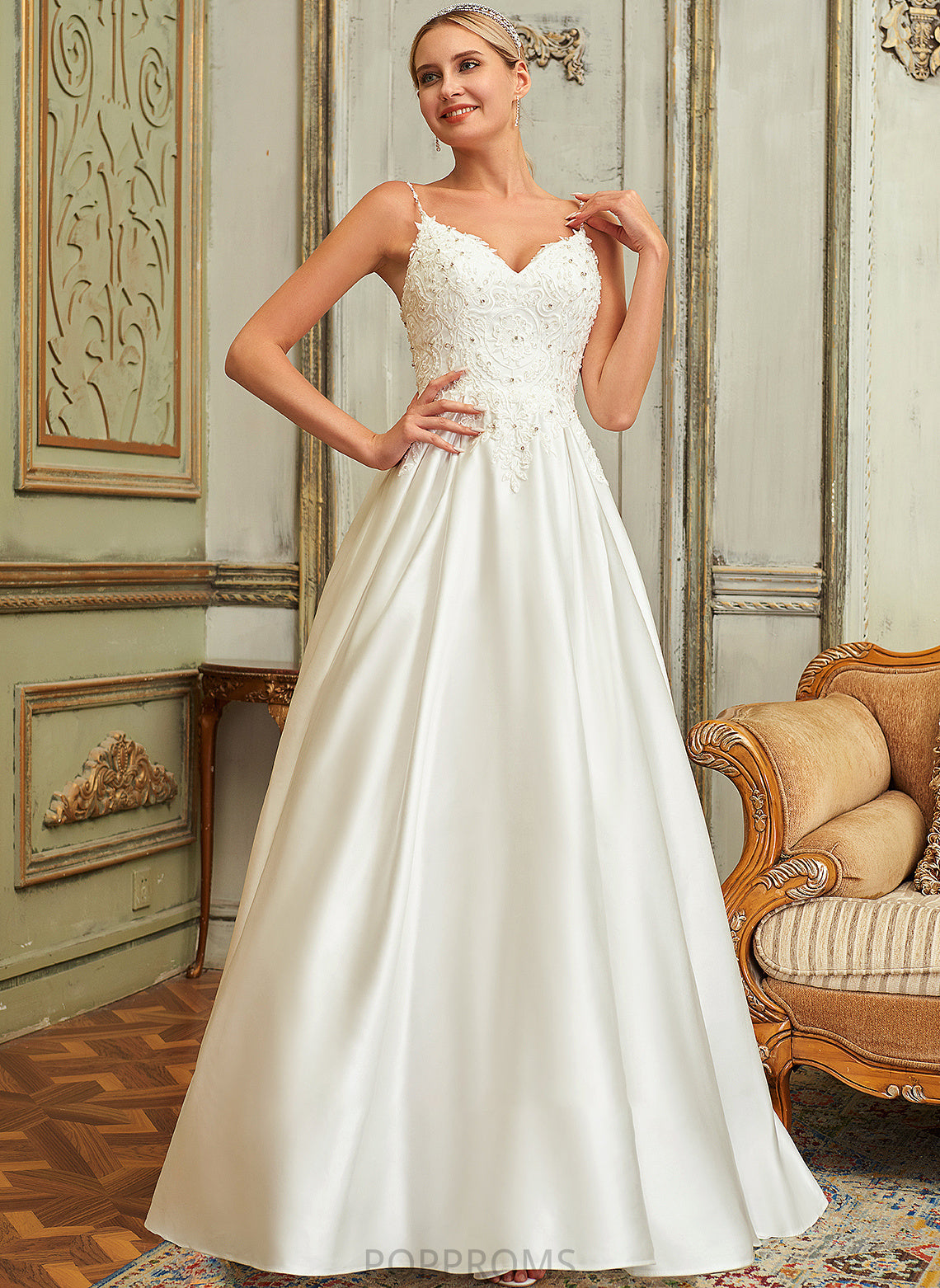 Wedding Sweep Dress Satin Ball-Gown/Princess Amirah Sequins With Lace Beading V-neck Pockets Train Lace Wedding Dresses